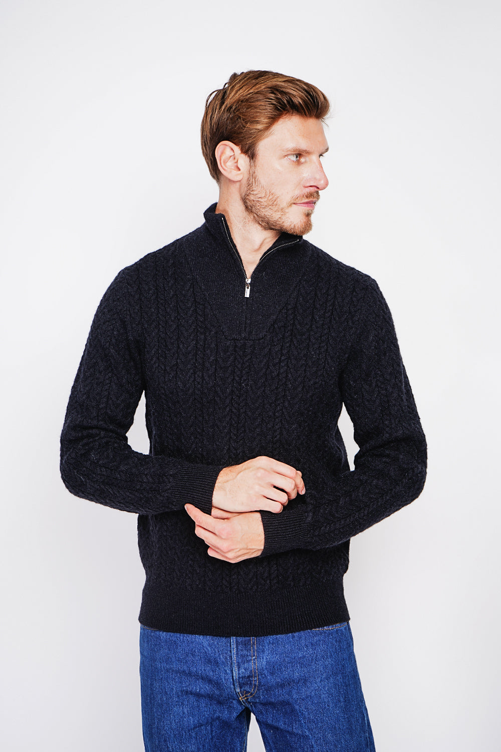 Fancy knit zipped trucker neck sweater with long sleeves