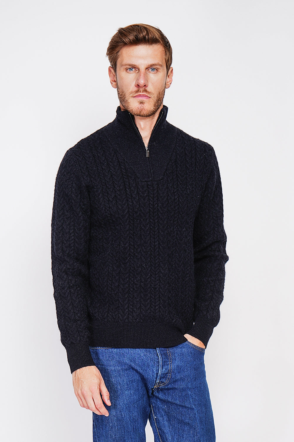 Fancy knit zipped trucker neck sweater with long sleeves