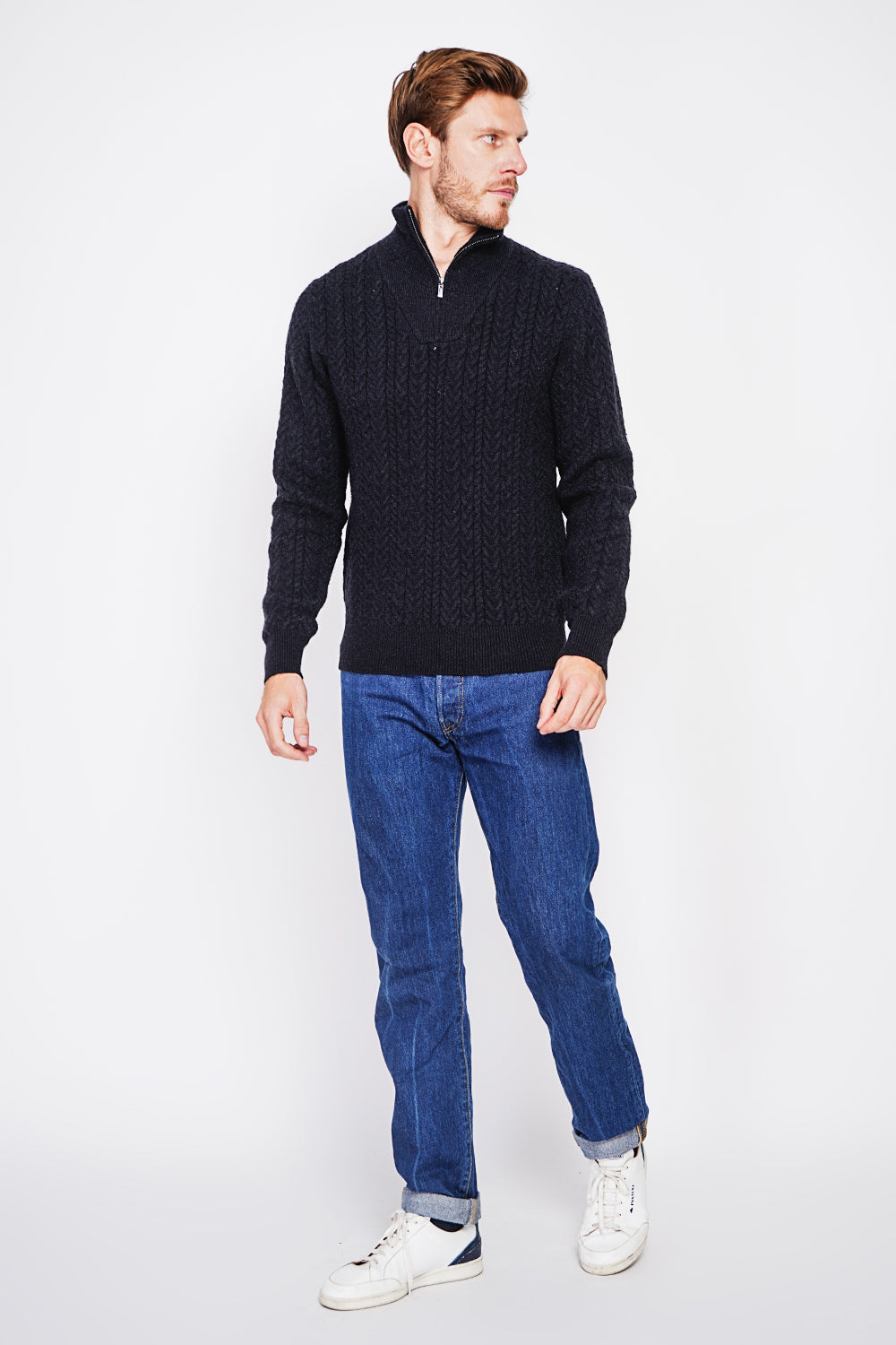 Fancy knit zipped trucker neck sweater with long sleeves