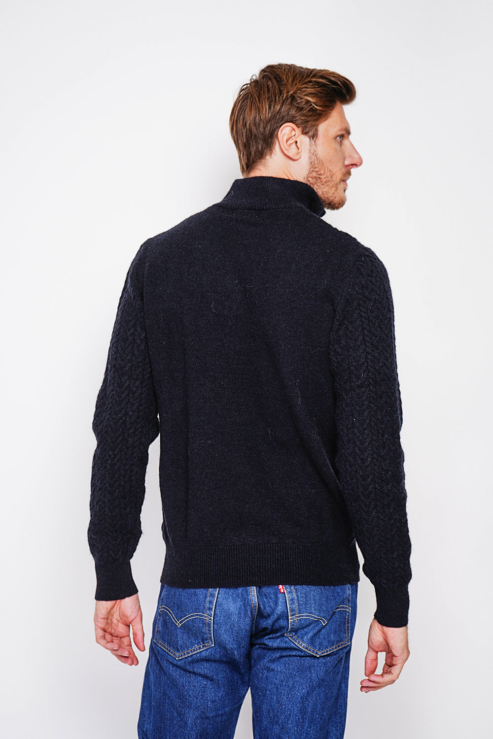 Fancy knit zipped trucker neck sweater with long sleeves