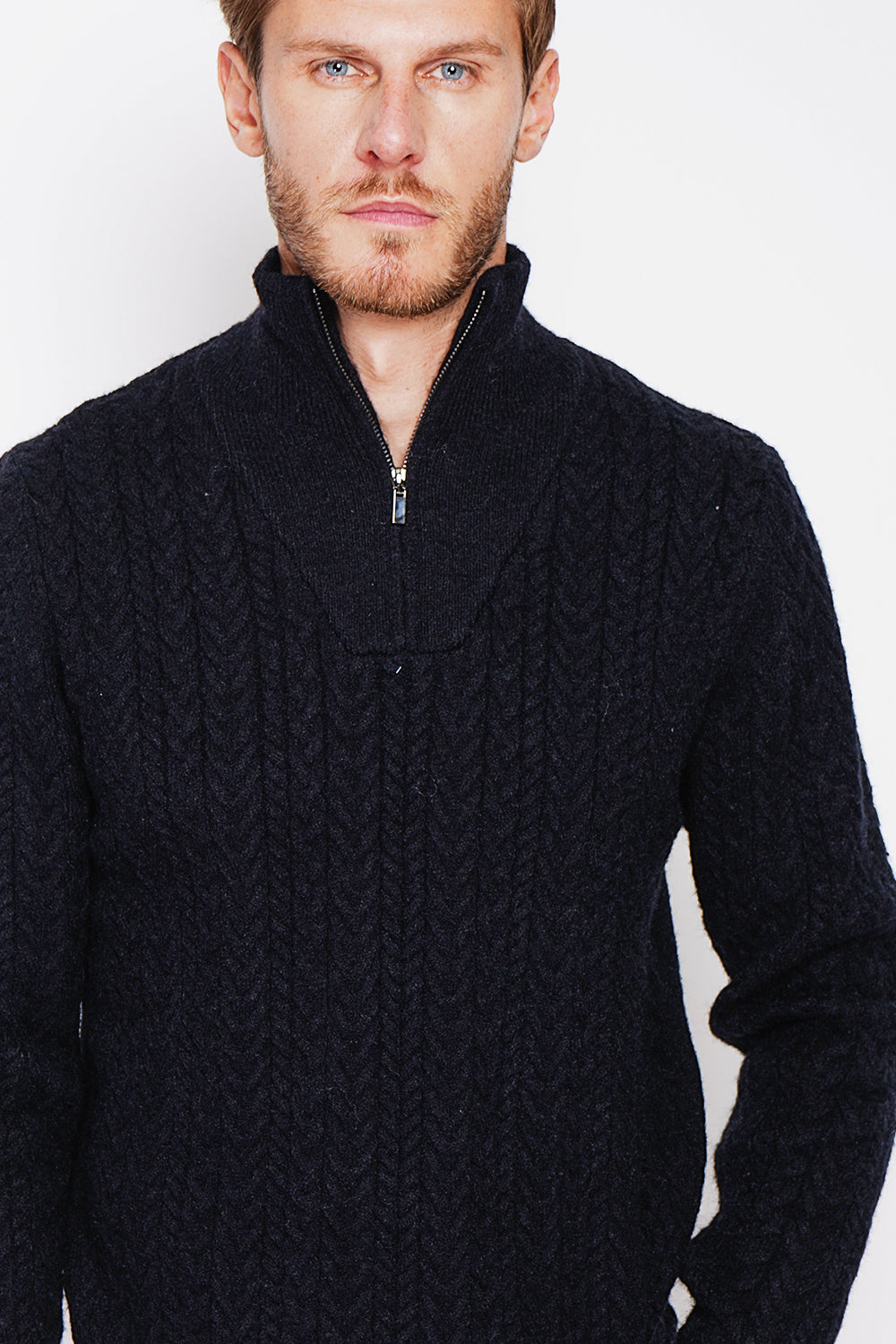 Fancy knit zipped trucker neck sweater with long sleeves