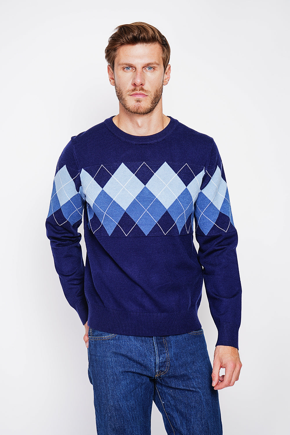 Pull col rond motif losanges, manches longues – Bleu nuit – C&Jo