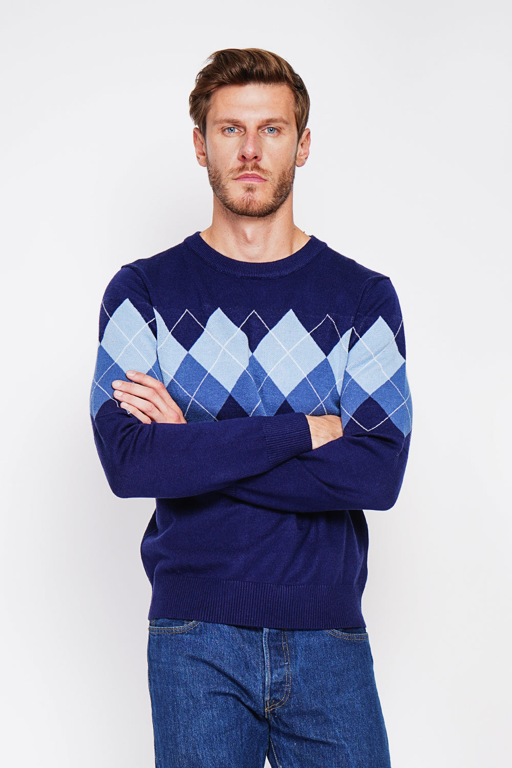 Pull col rond motif losanges, manches longues – Bleu nuit – C&Jo