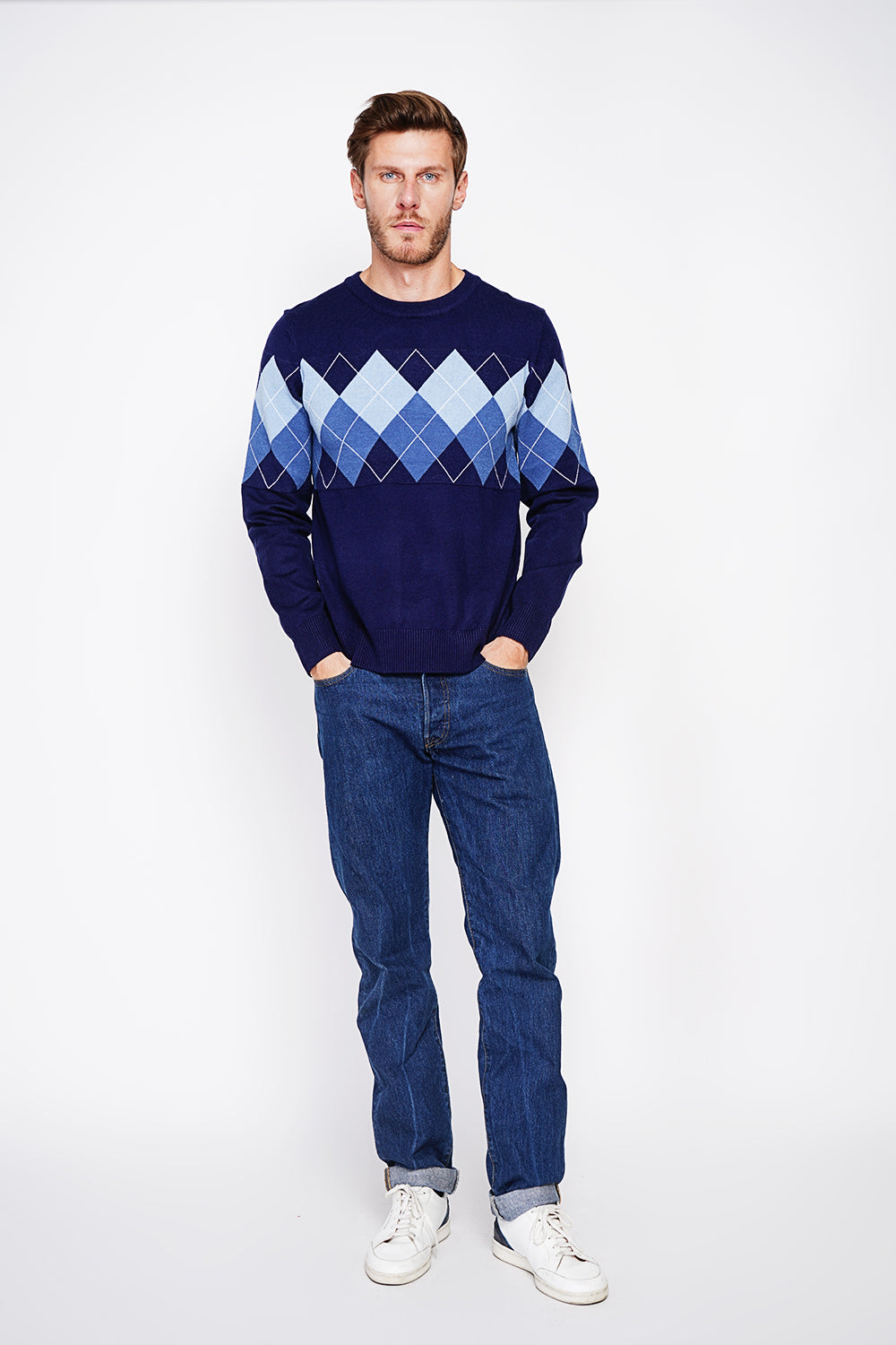 Long Sleeve Diamond Crew Neck Sweater – Night blue – C&Jo
