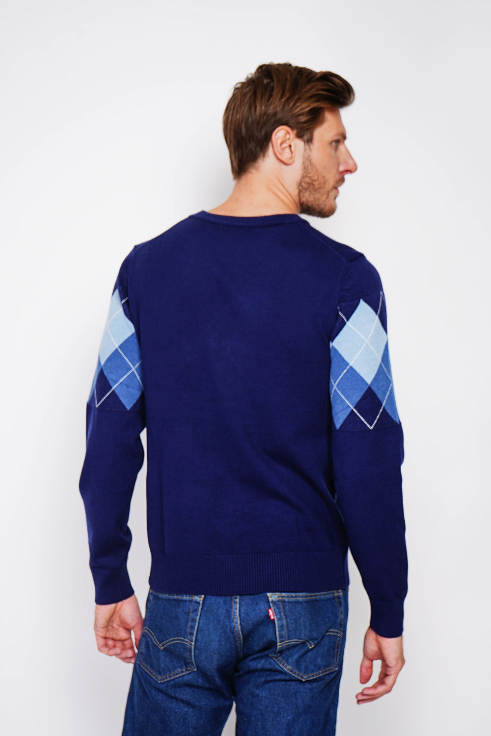 Pull col rond motif losanges, manches longues – Bleu nuit – C&Jo