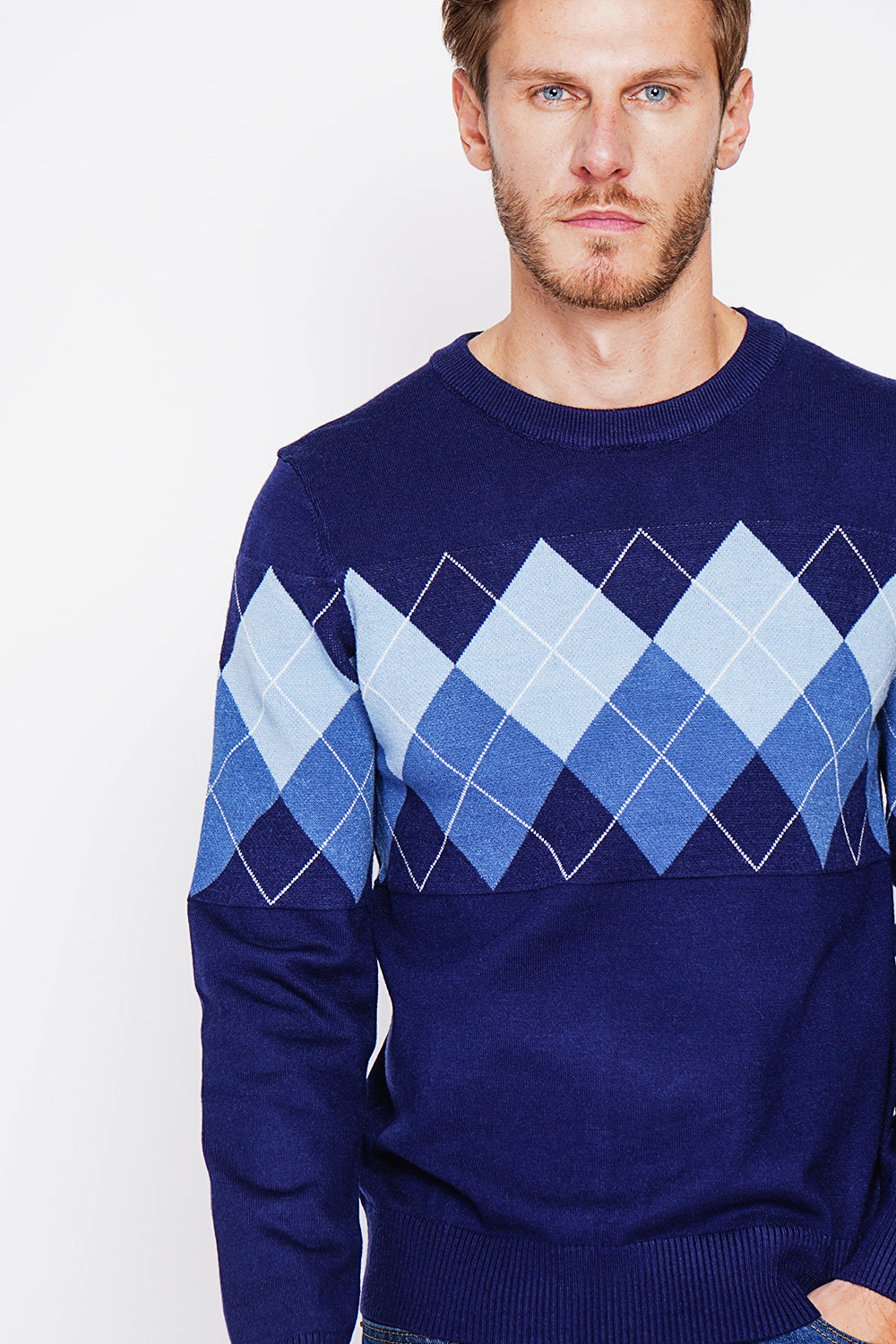 Pull col rond motif losanges, manches longues – Bleu nuit – C&Jo