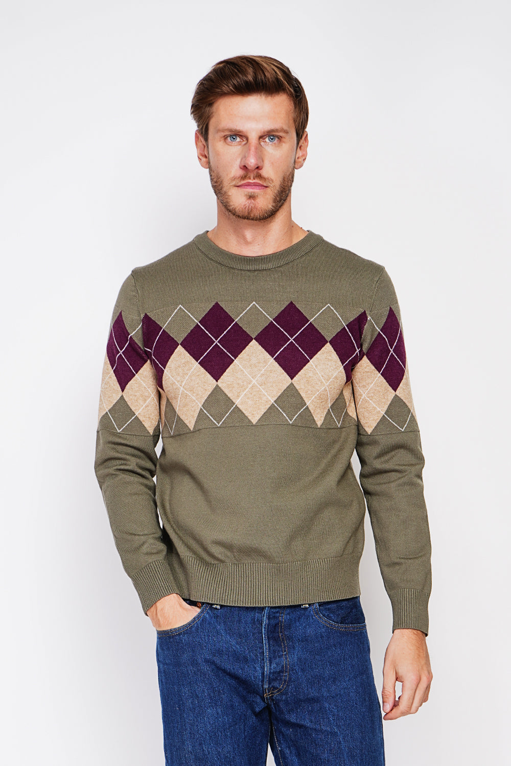 Pull col rond motif losanges, manches longues – Kaki – C&Jo