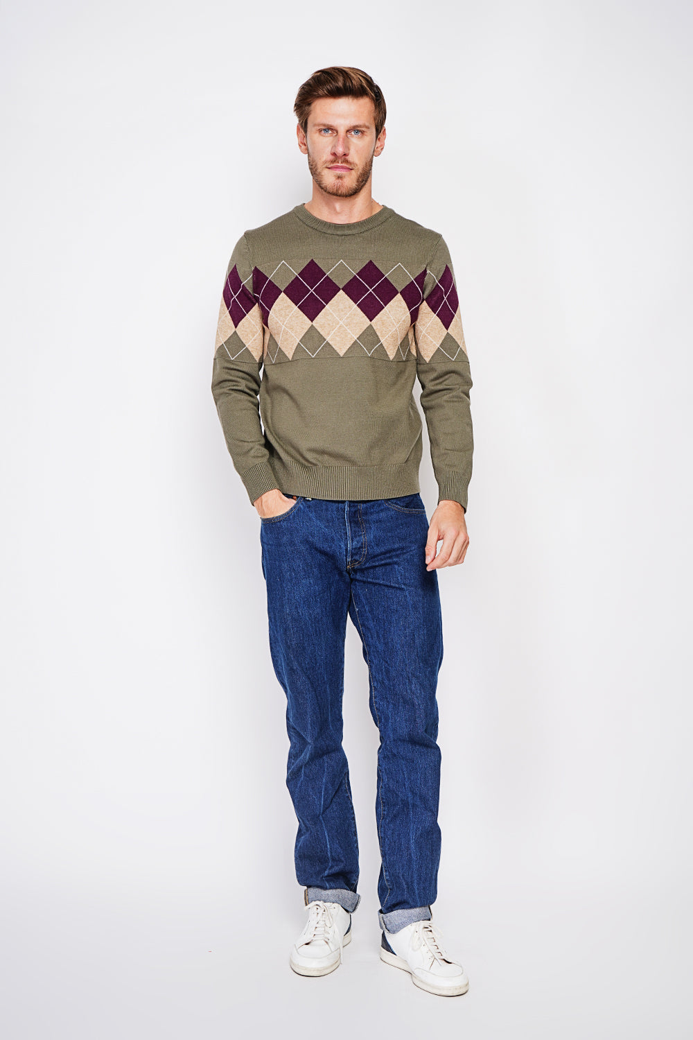 Pull col rond motif losanges, manches longues – Kaki – C&Jo