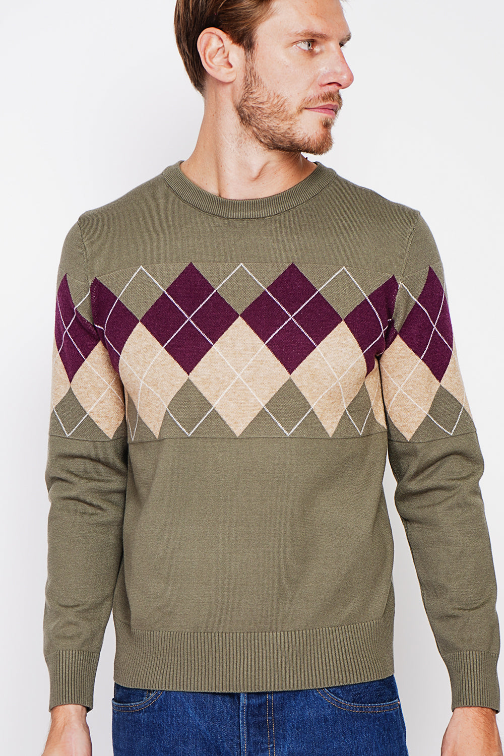 Long Sleeve Diamond Crew Neck Sweater