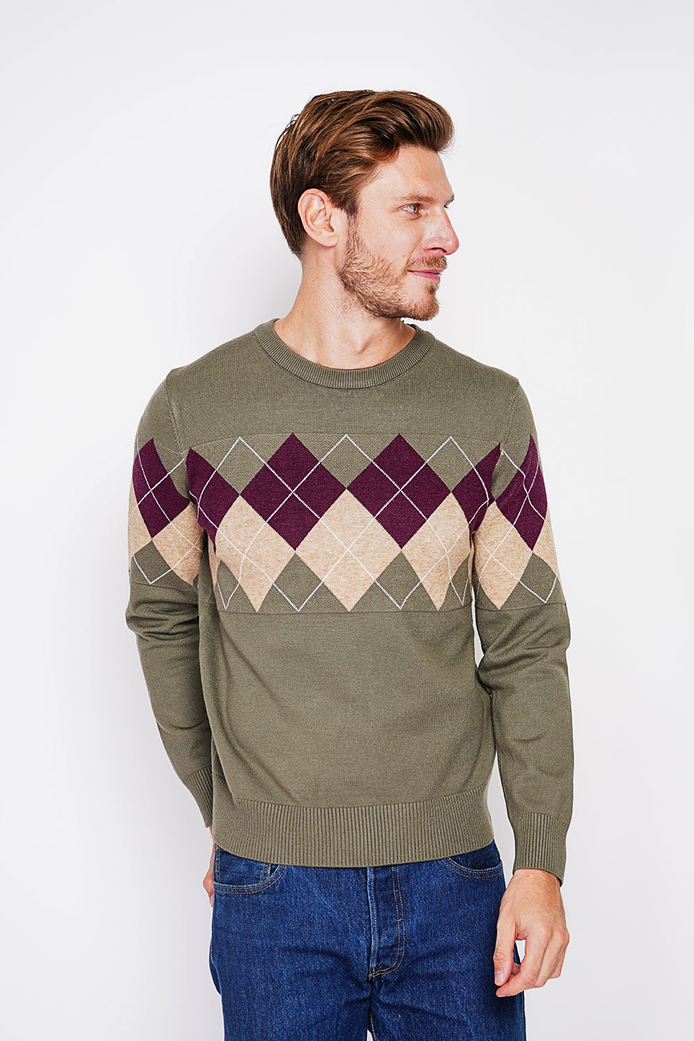 Long Sleeve Diamond Crew Neck Sweater