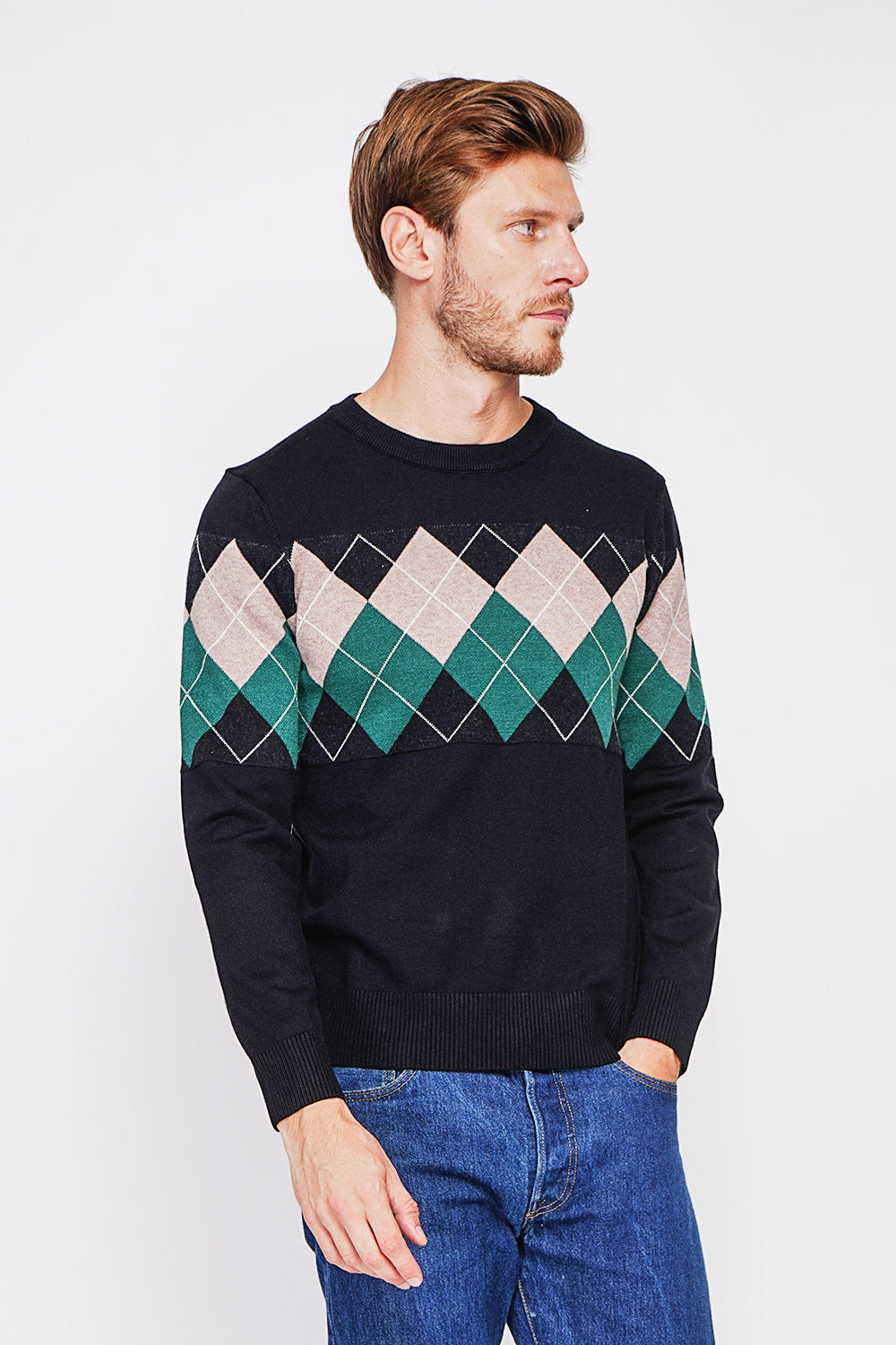 Pull col rond motif losanges, manches longues – Noir – C&Jo