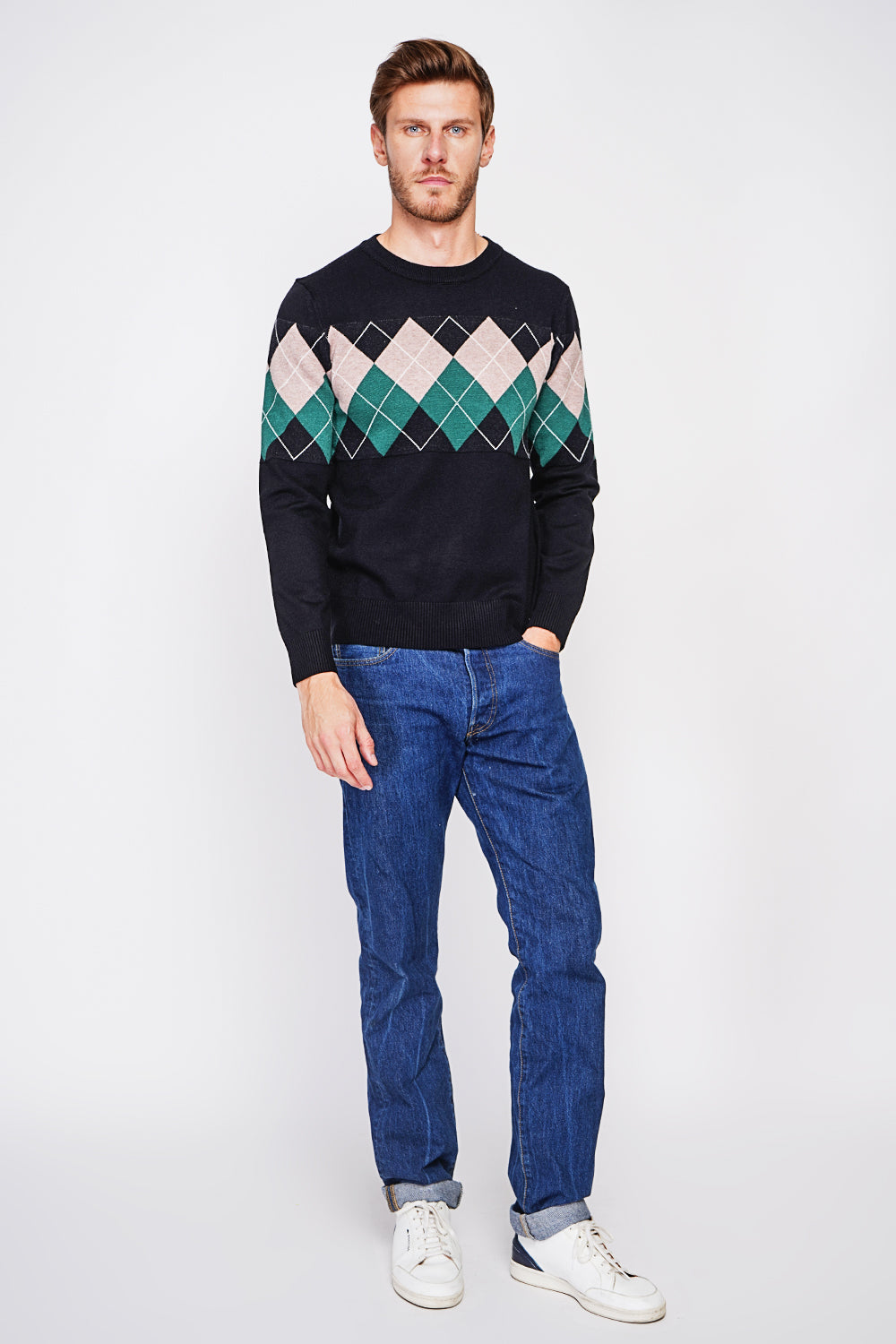 Long Sleeve Diamond Crew Neck Sweater