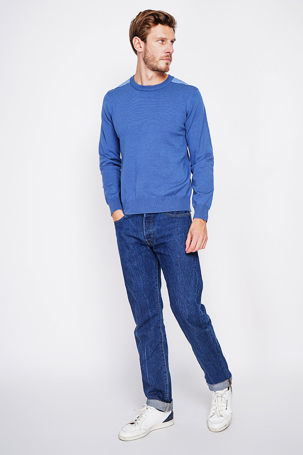 Long sleeve crew neck sweater with shoulder inserts