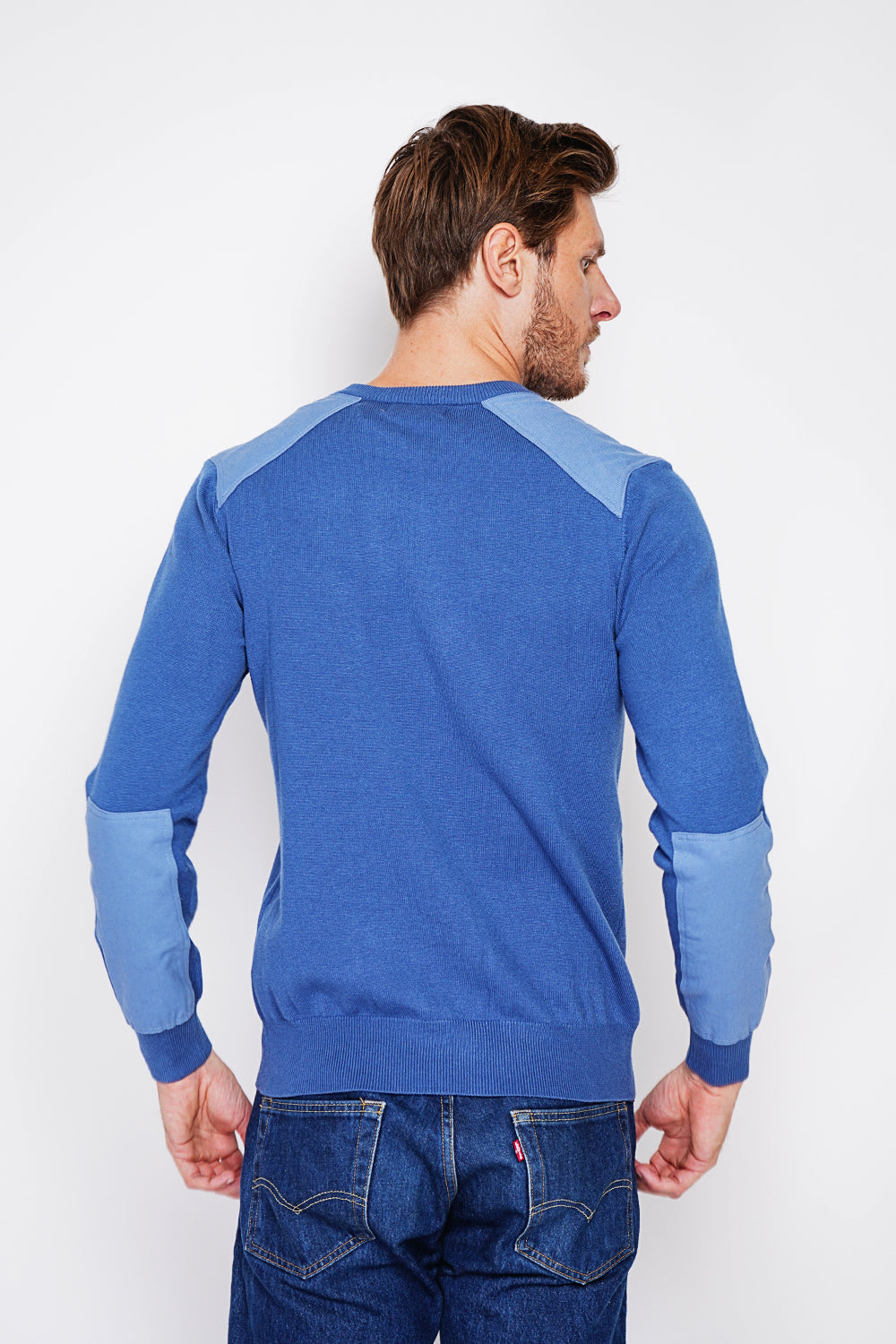 Long sleeve crew neck sweater with shoulder inserts