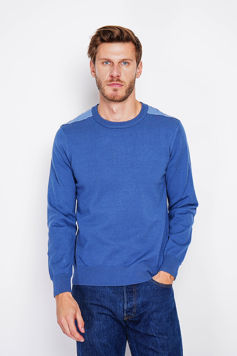Long sleeve crew neck sweater with shoulder inserts