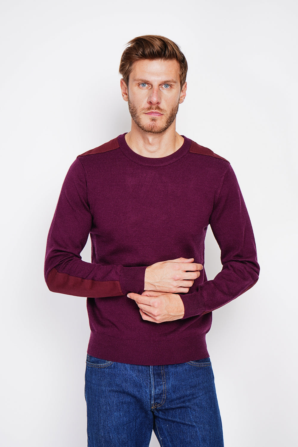 Long sleeve crew neck sweater with shoulder inserts