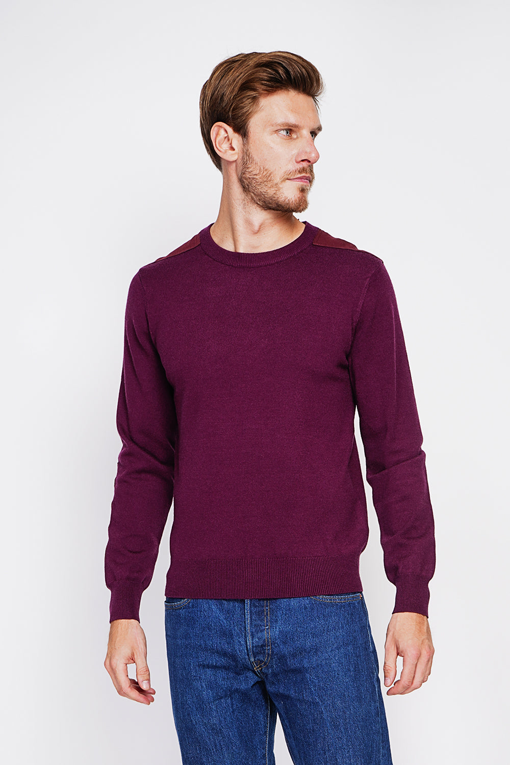 Long sleeve crew neck sweater with shoulder inserts