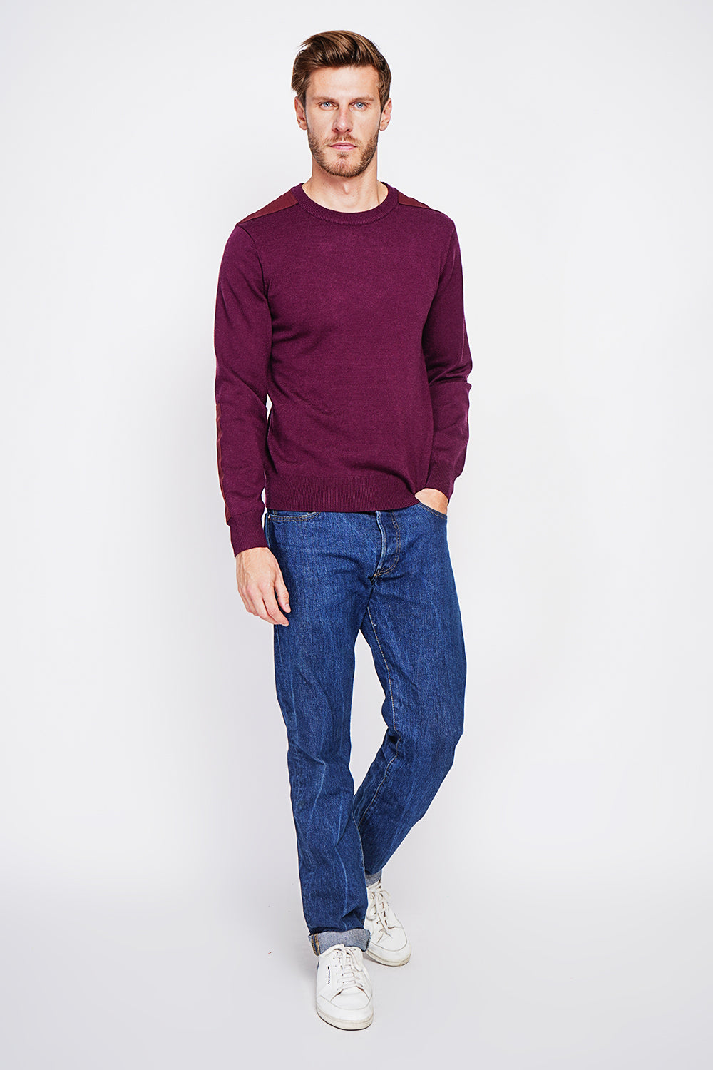 Long sleeve crew neck sweater with shoulder inserts