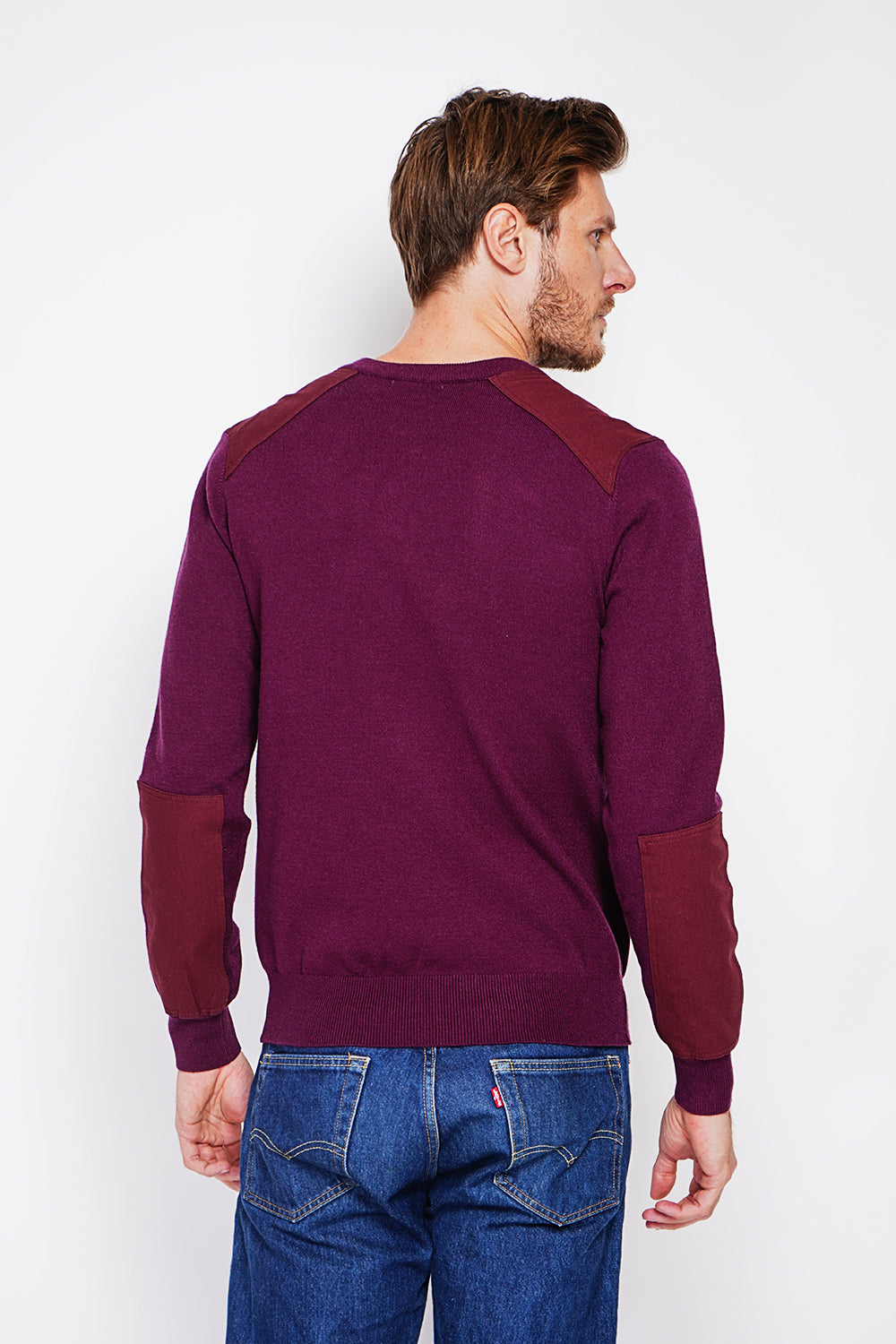 Long sleeve crew neck sweater with shoulder inserts