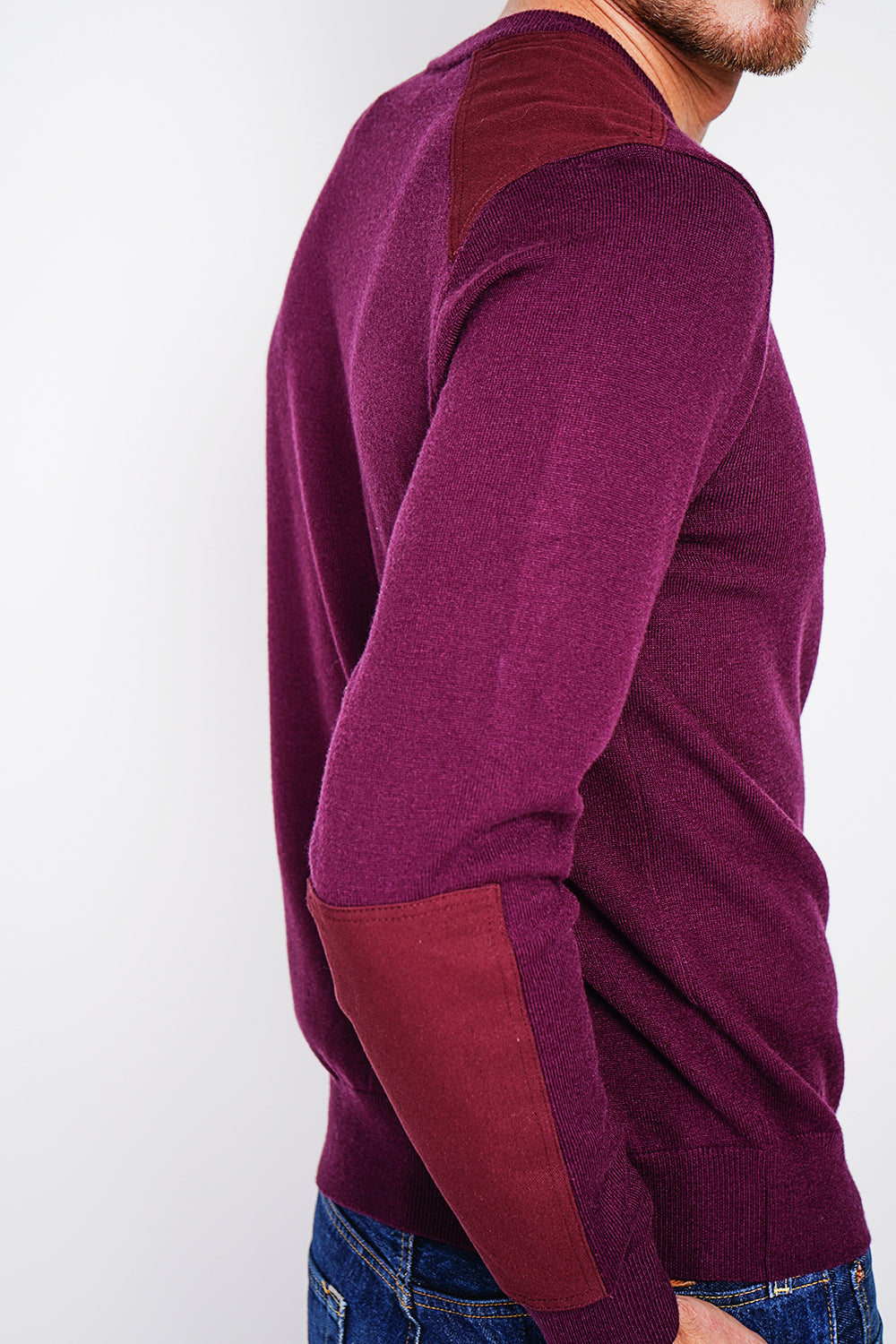 Long sleeve crew neck sweater with shoulder inserts