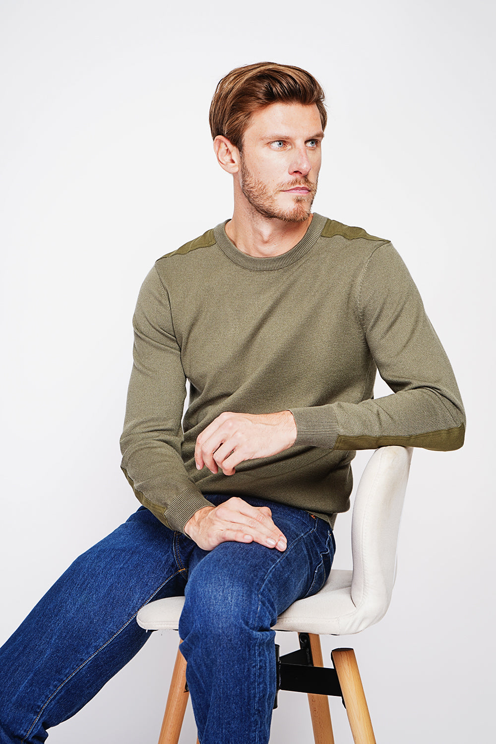 Long sleeve crew neck sweater with shoulder inserts