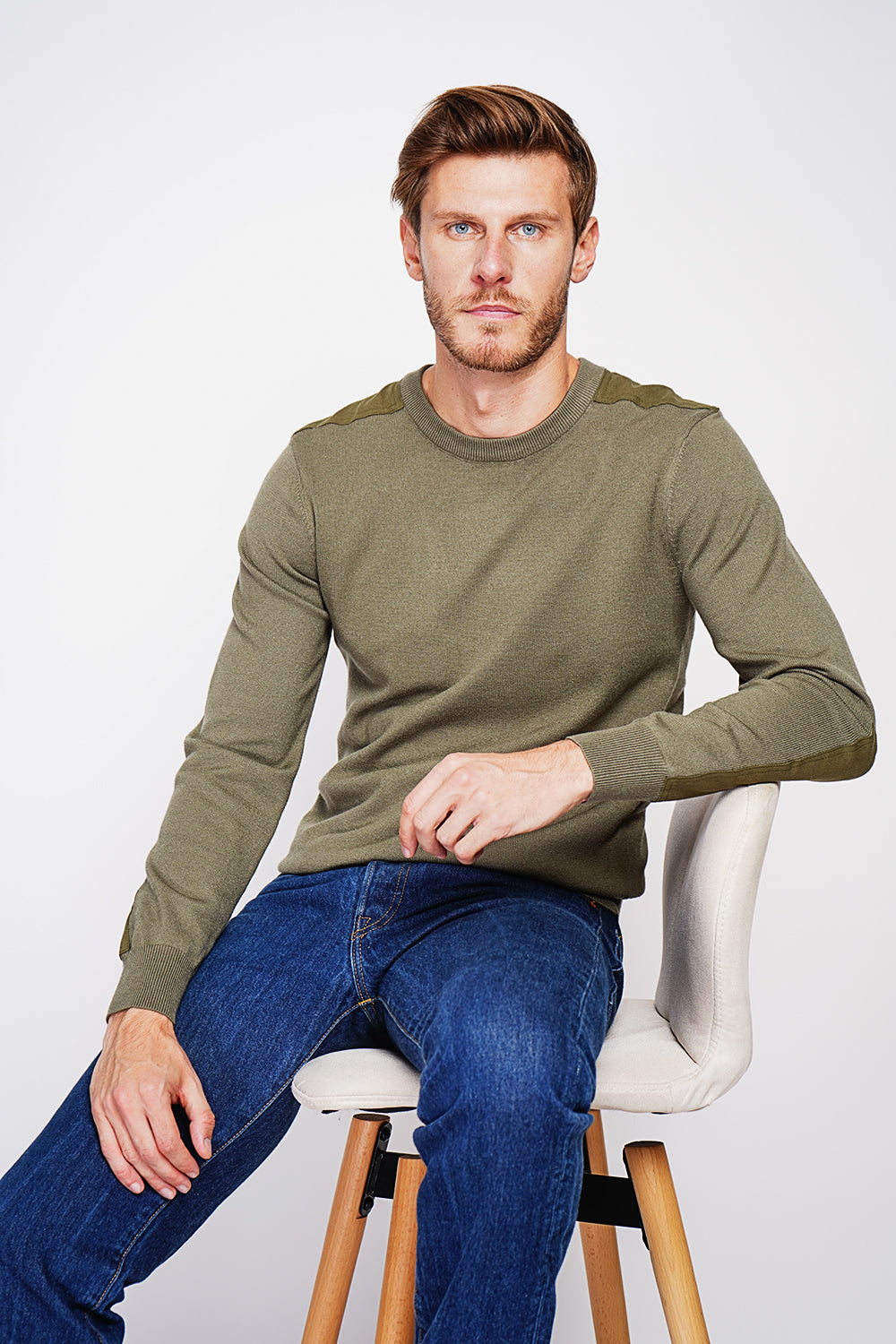 Long sleeve crew neck sweater with shoulder inserts