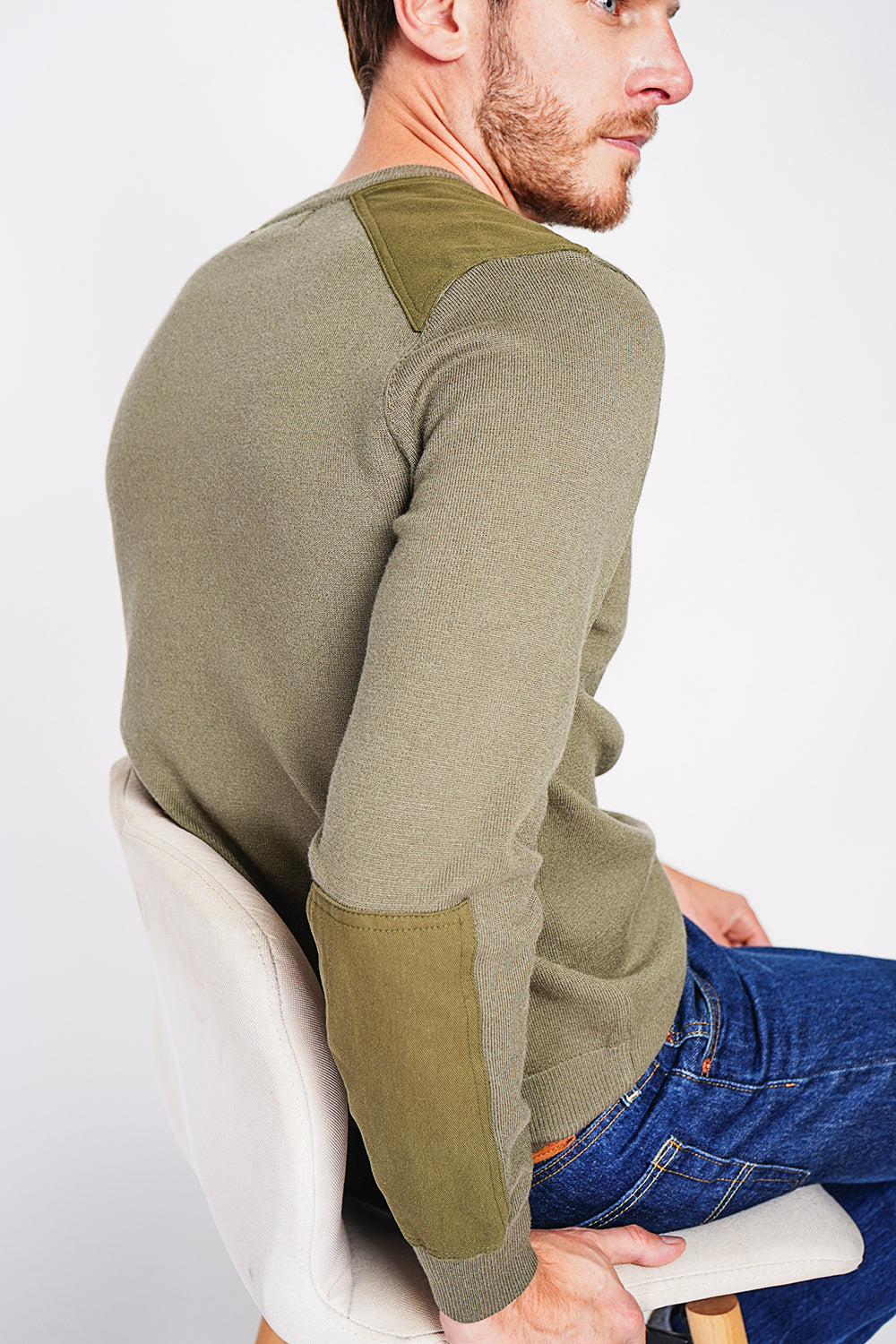 Long sleeve crew neck sweater with shoulder inserts