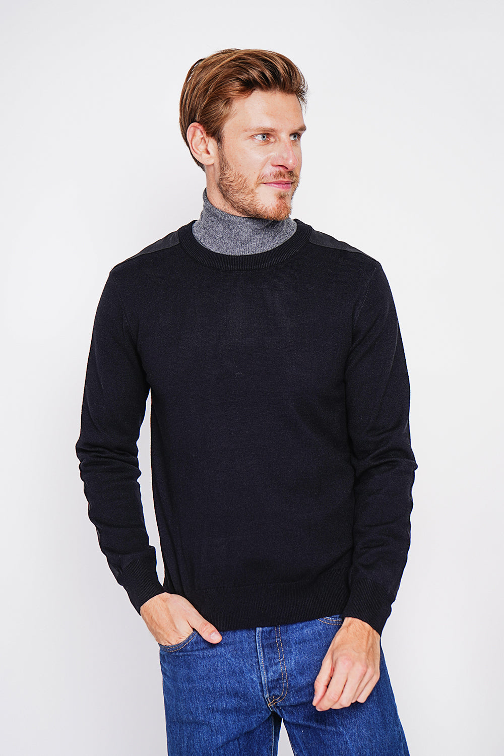 Long sleeve crew neck sweater with shoulder inserts