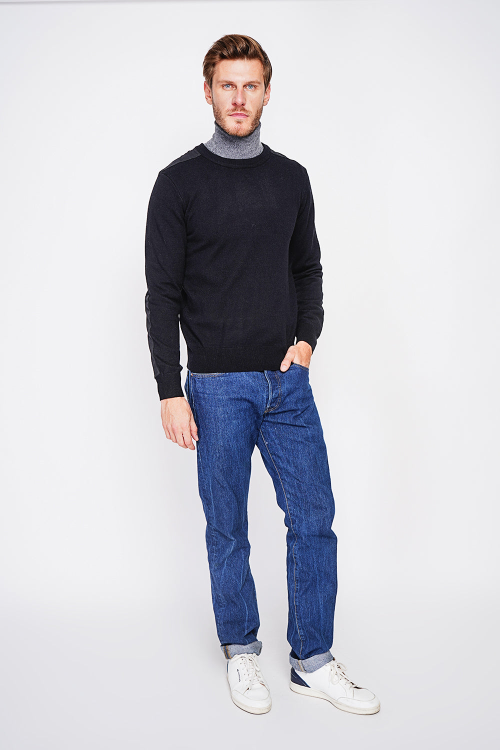 Long sleeve crew neck sweater with shoulder inserts