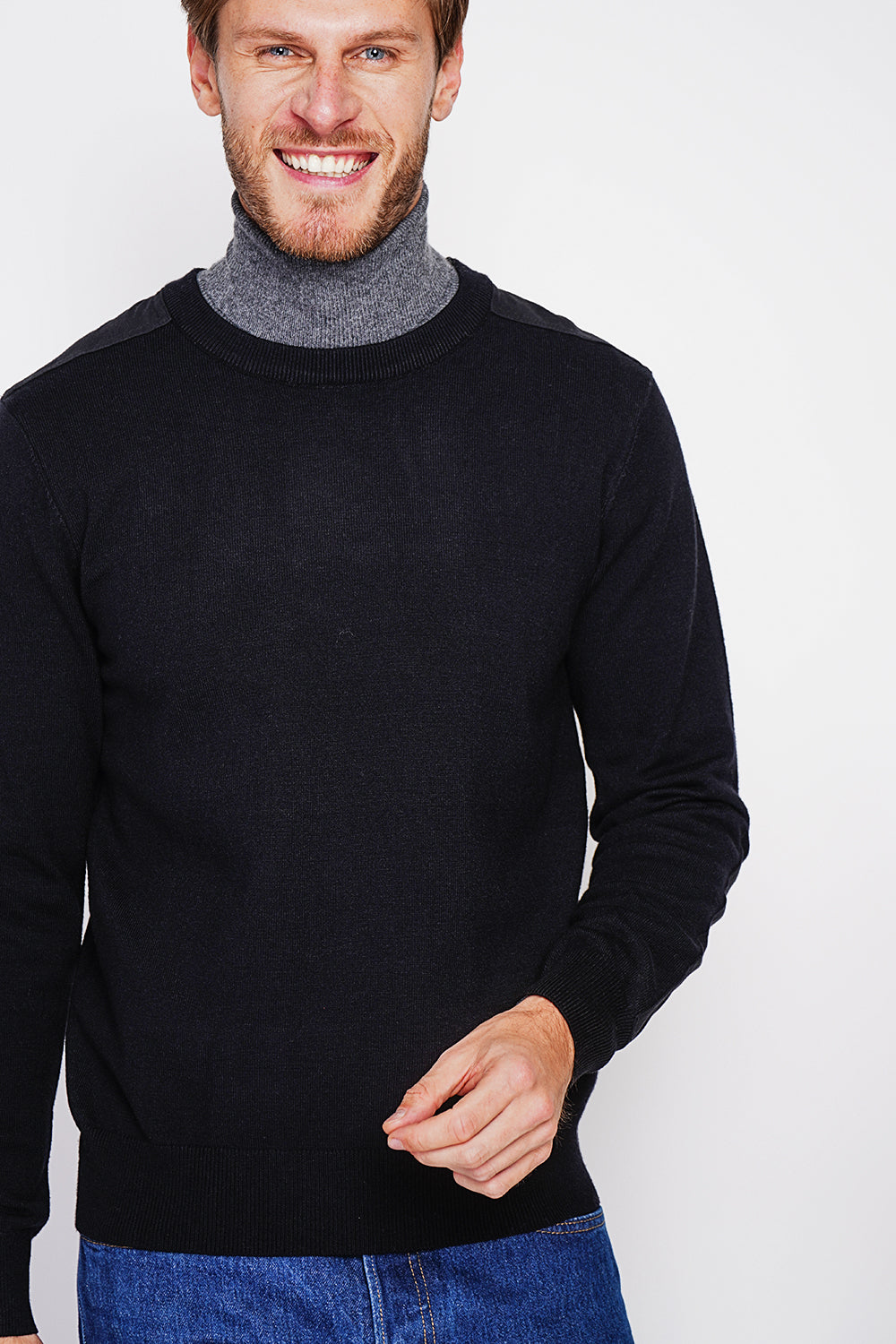 Long sleeve crew neck sweater with shoulder inserts