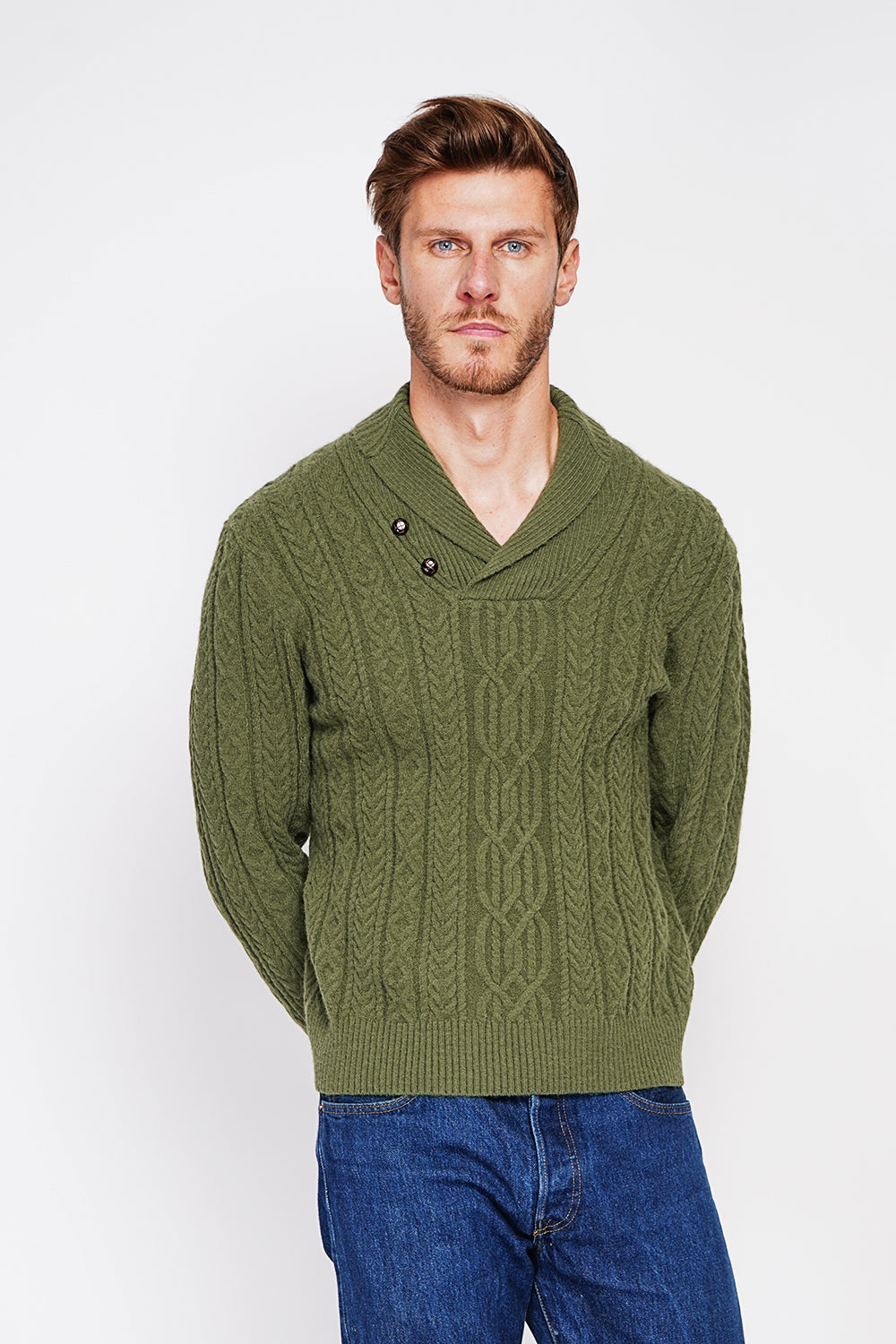 Long-sleeved shawl collar sweater with buttons and fancy knitting