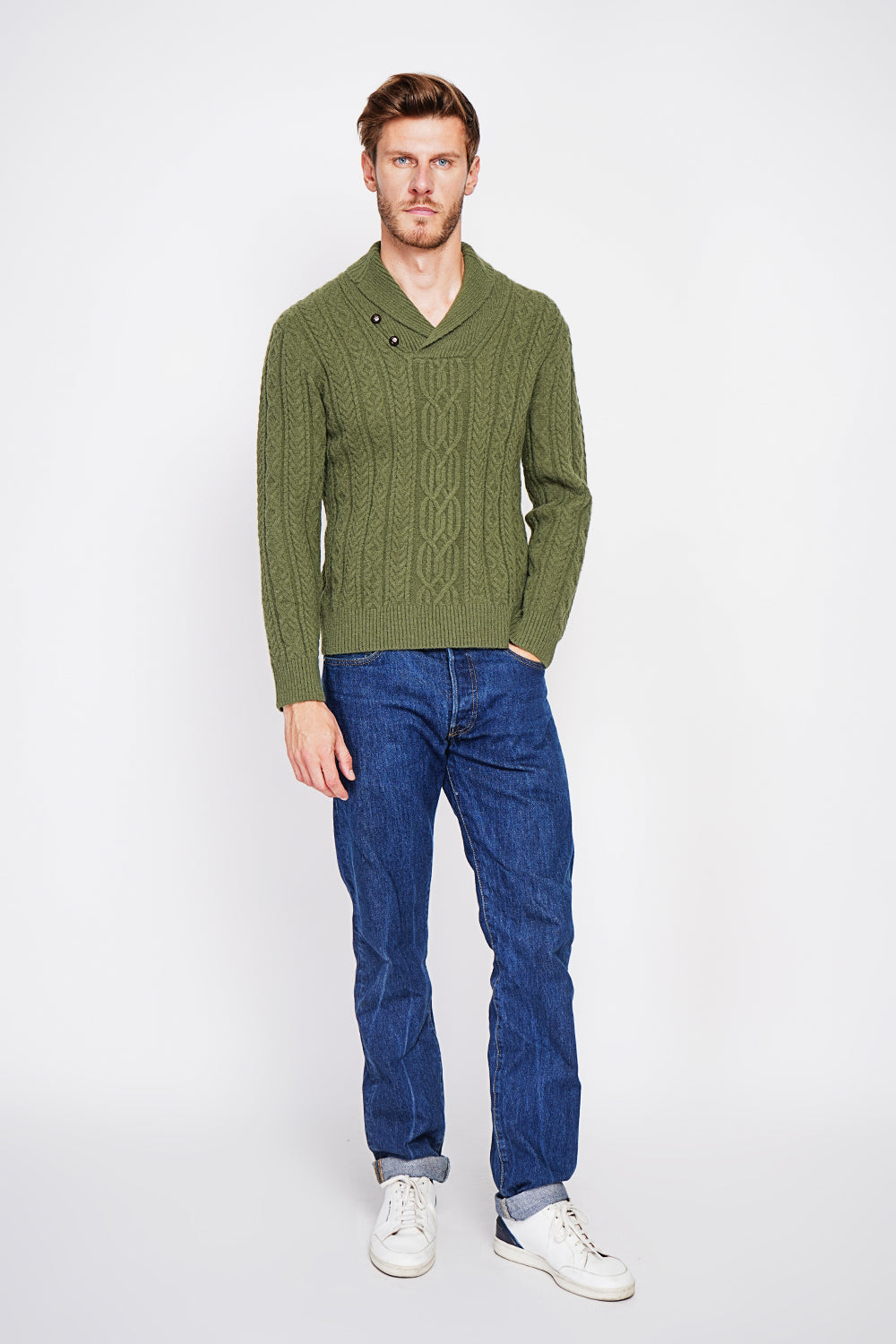 Long-sleeved shawl collar sweater with buttons and fancy knitting