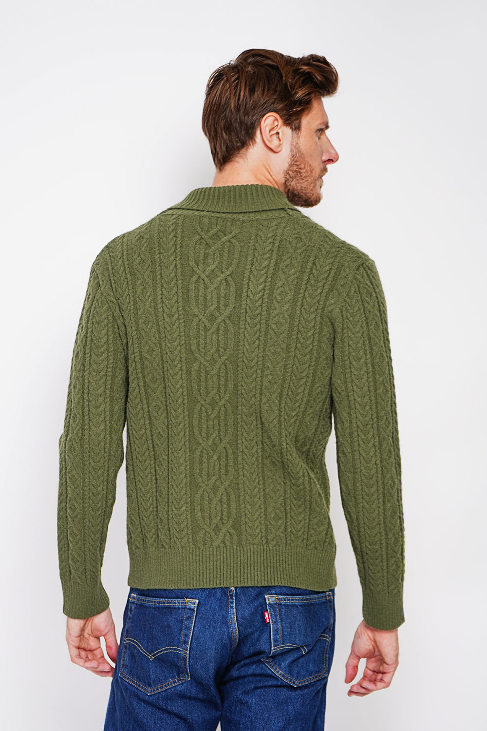Long-sleeved shawl collar sweater with buttons and fancy knitting