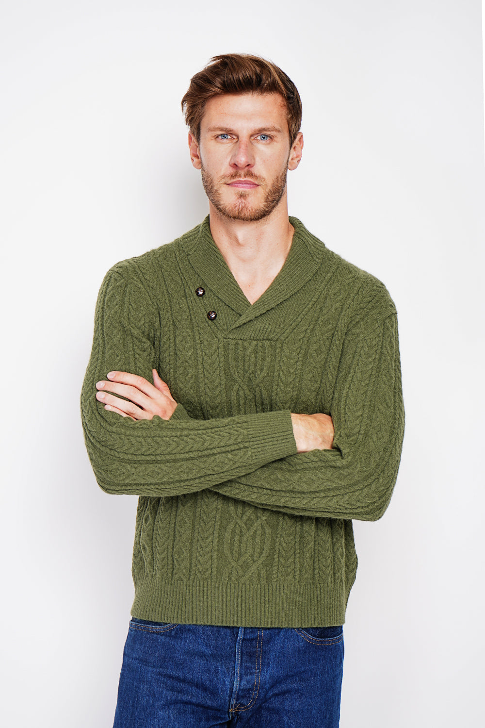 Long-sleeved shawl collar sweater with buttons and fancy knitting