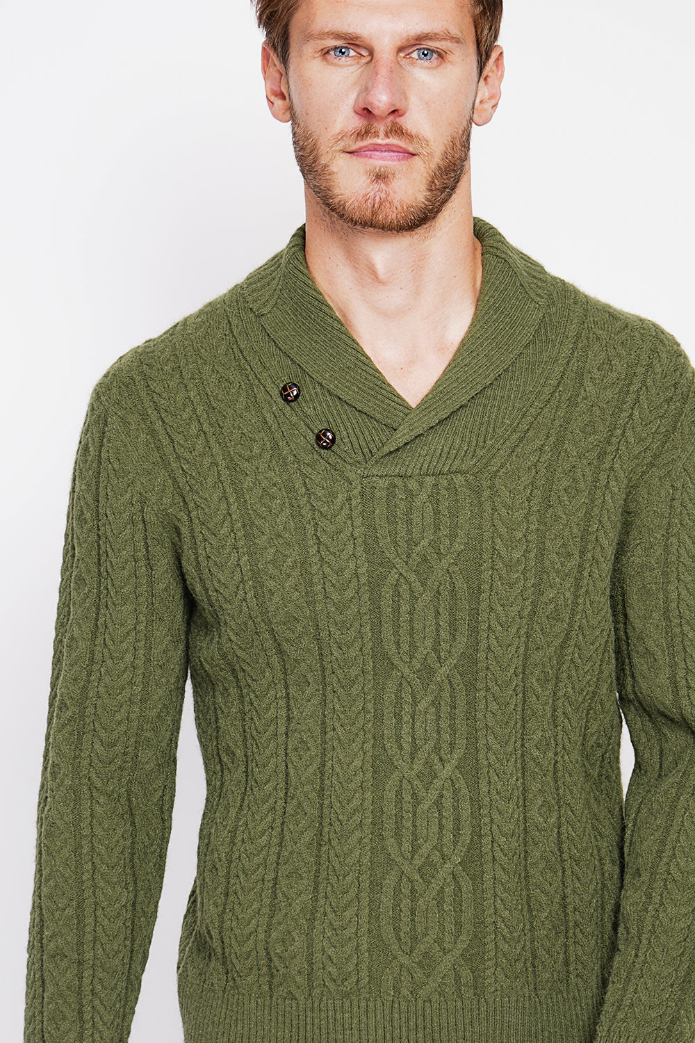 Long-sleeved shawl collar sweater with buttons and fancy knitting