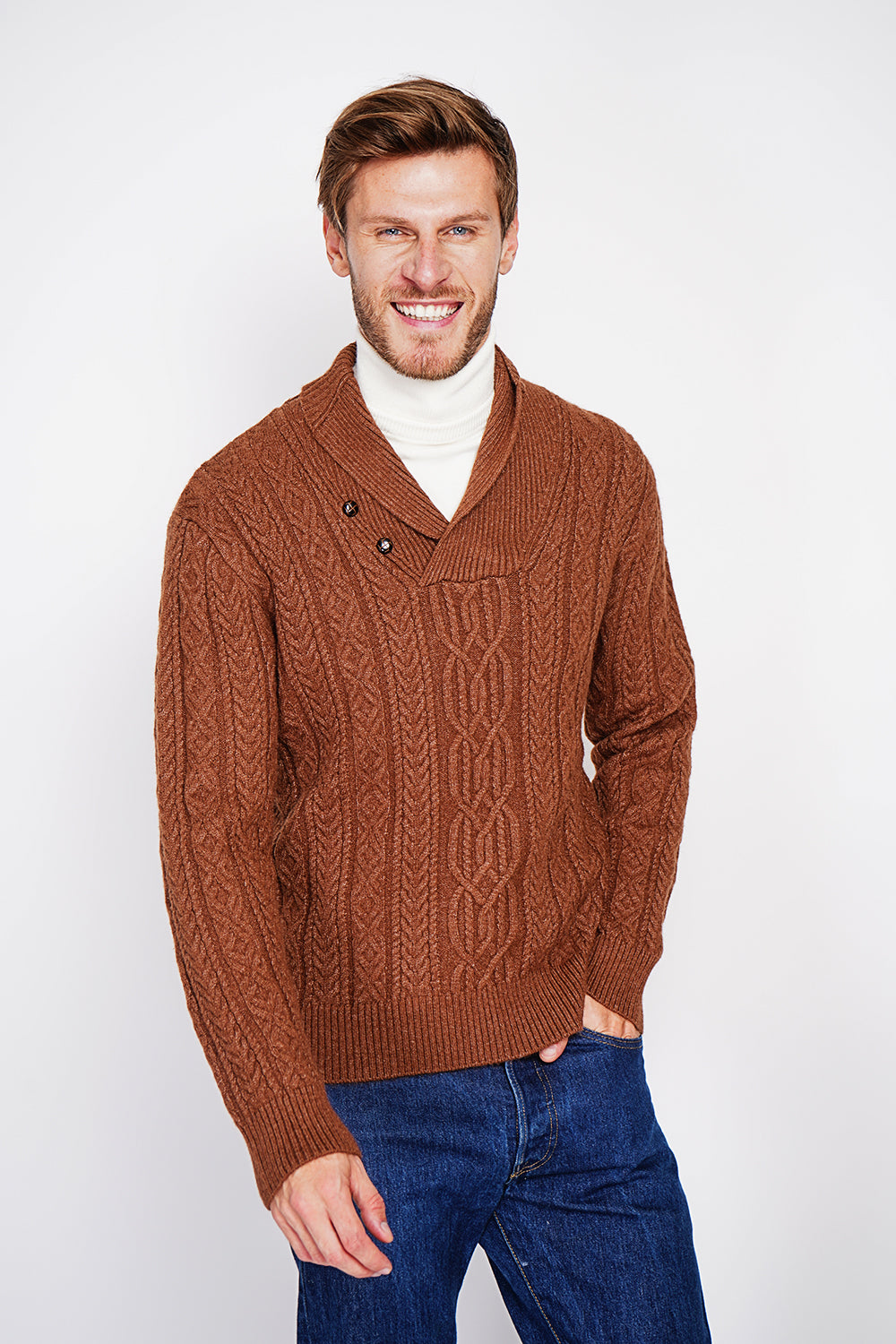 Long-sleeved shawl collar sweater with buttons and fancy knitting