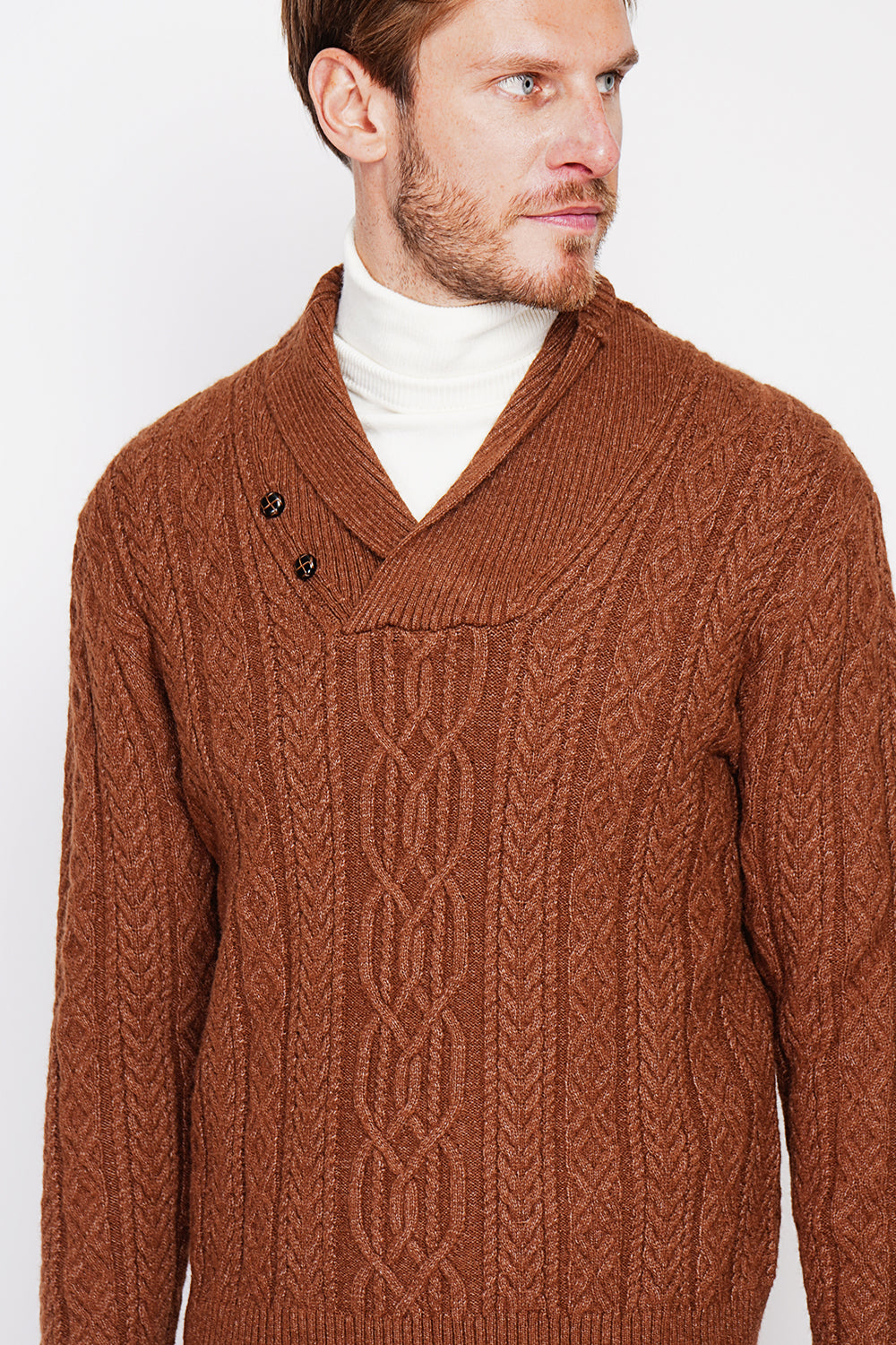 Long-sleeved shawl collar sweater with buttons and fancy knitting