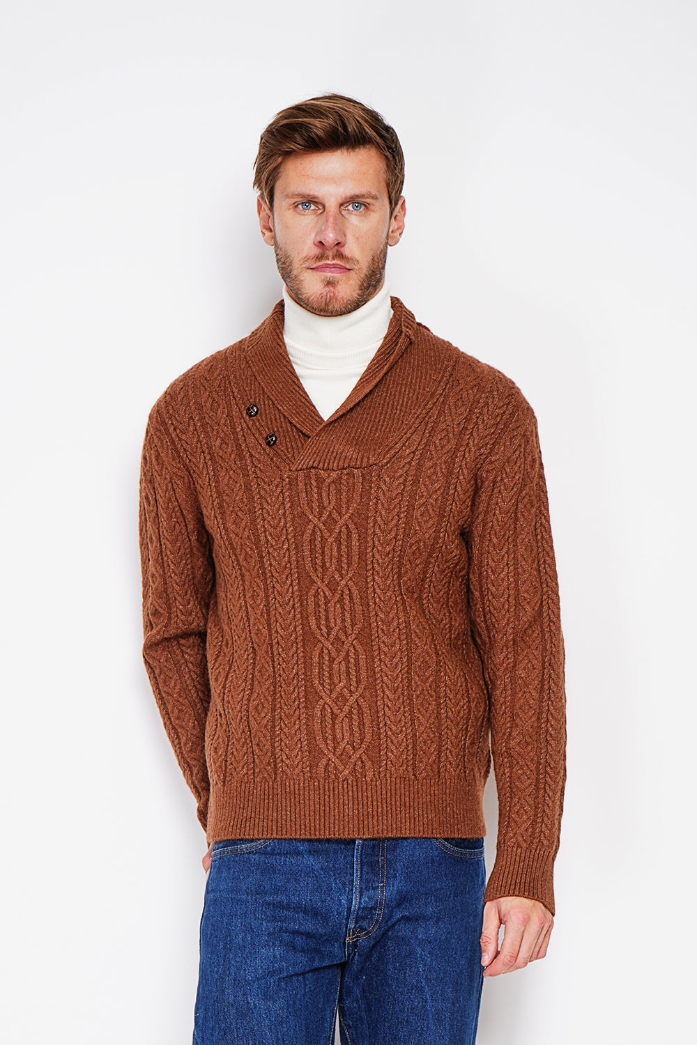 Pull col châle boutonné maille fantaisie – Marron – C&Jo