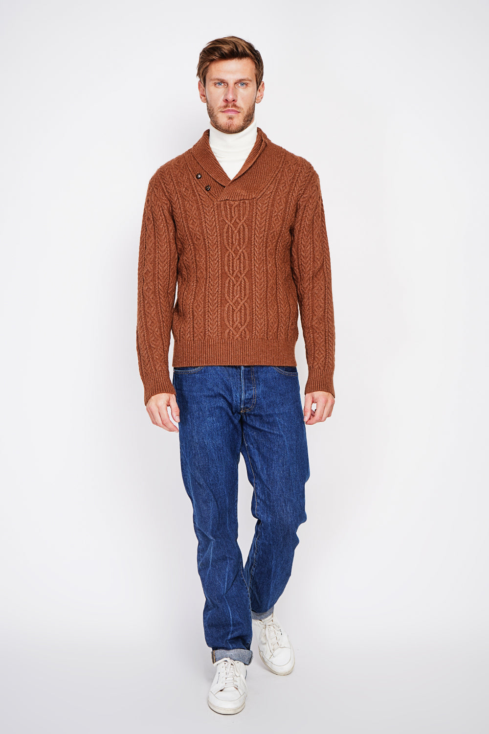 Pull col châle boutonné maille fantaisie – Marron – C&Jo