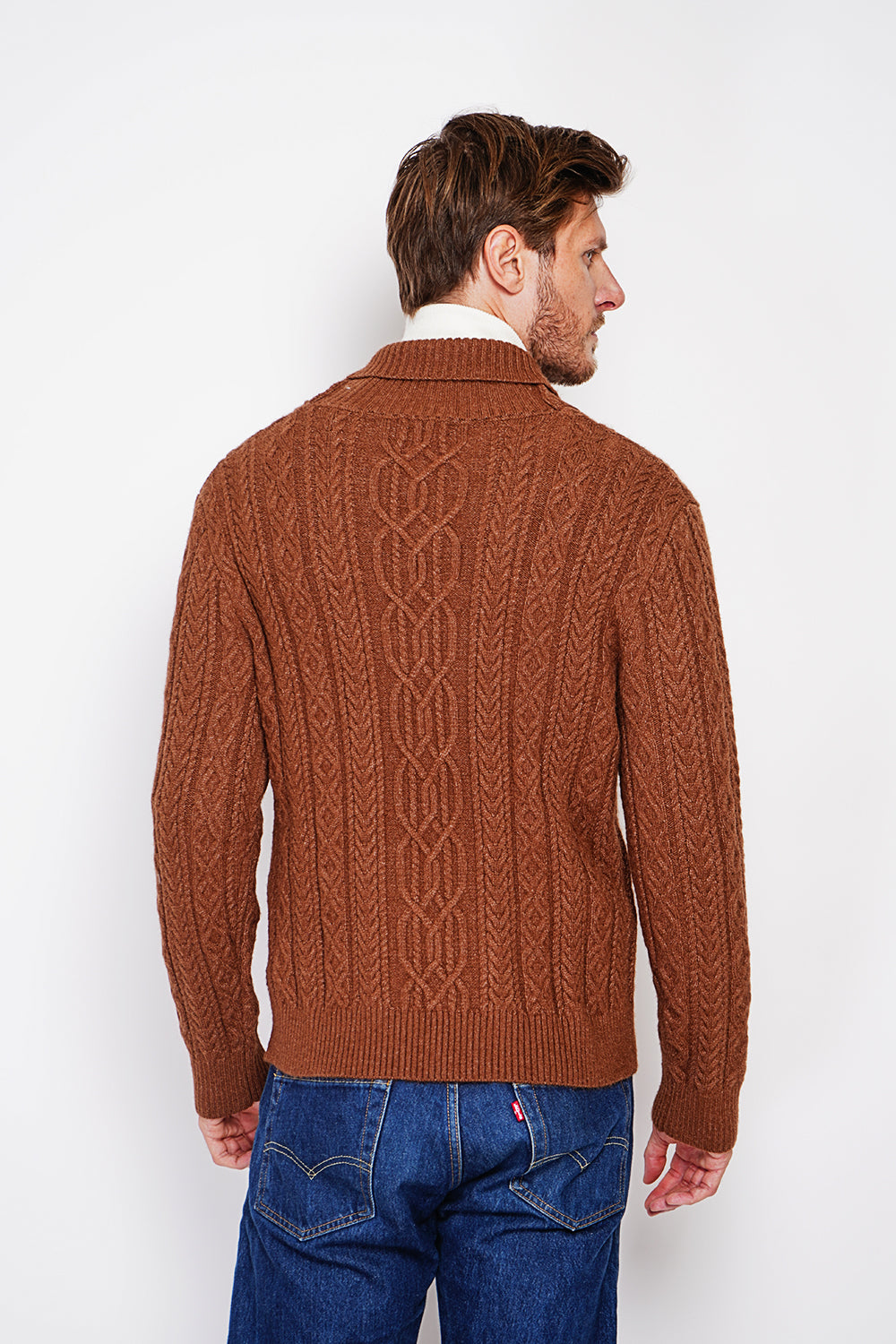 Long-sleeved shawl collar sweater with buttons and fancy knitting