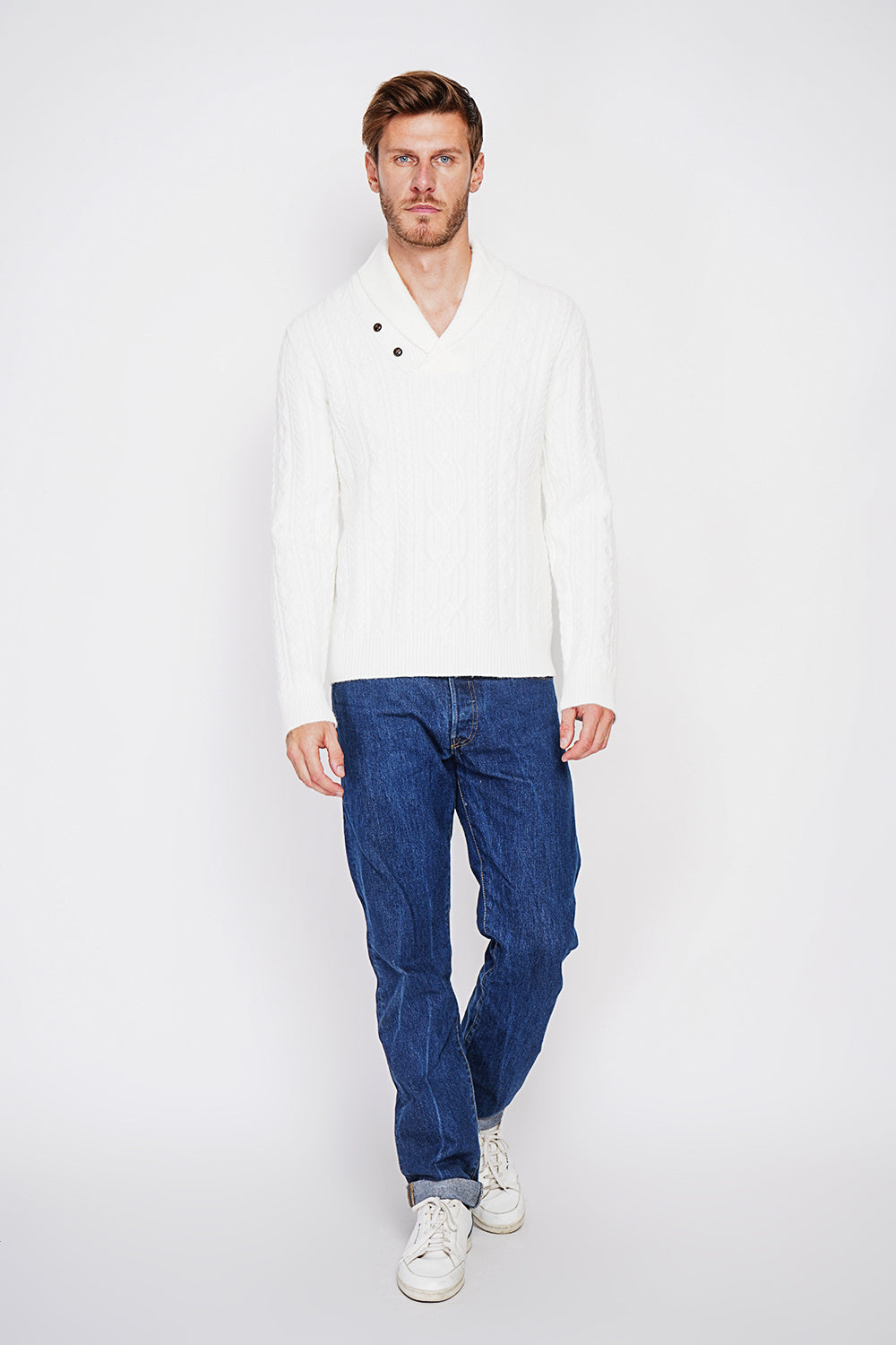 Long-sleeved shawl collar sweater with buttons and fancy knitting