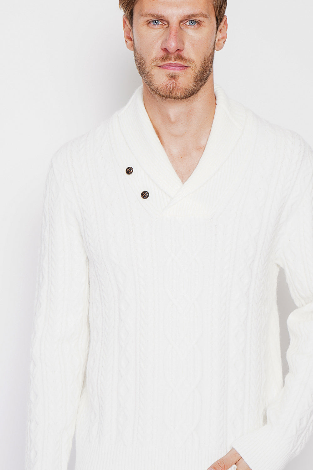 Long-sleeved shawl collar sweater with buttons and fancy knitting