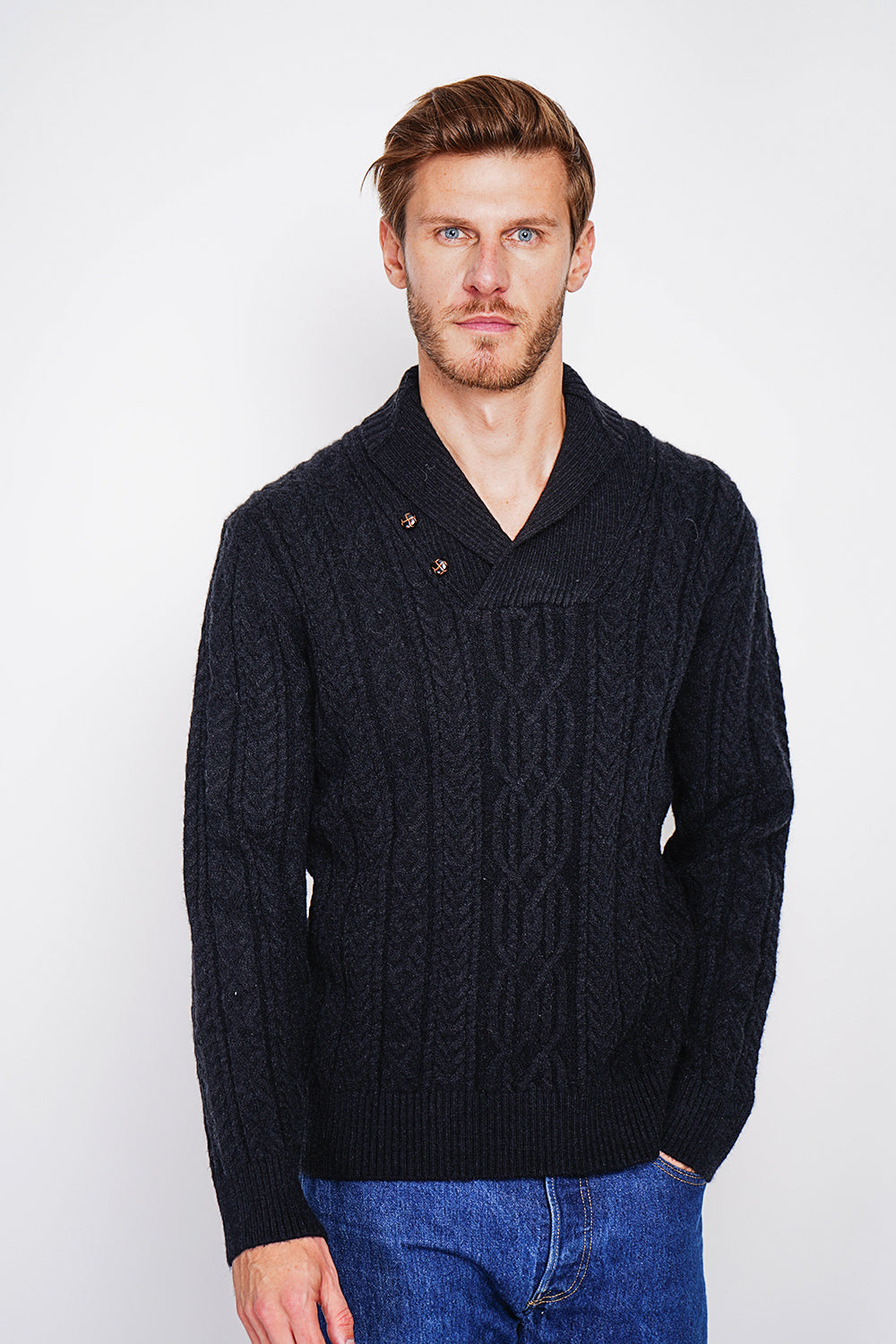 Long-sleeved shawl collar sweater with buttons and fancy knitting