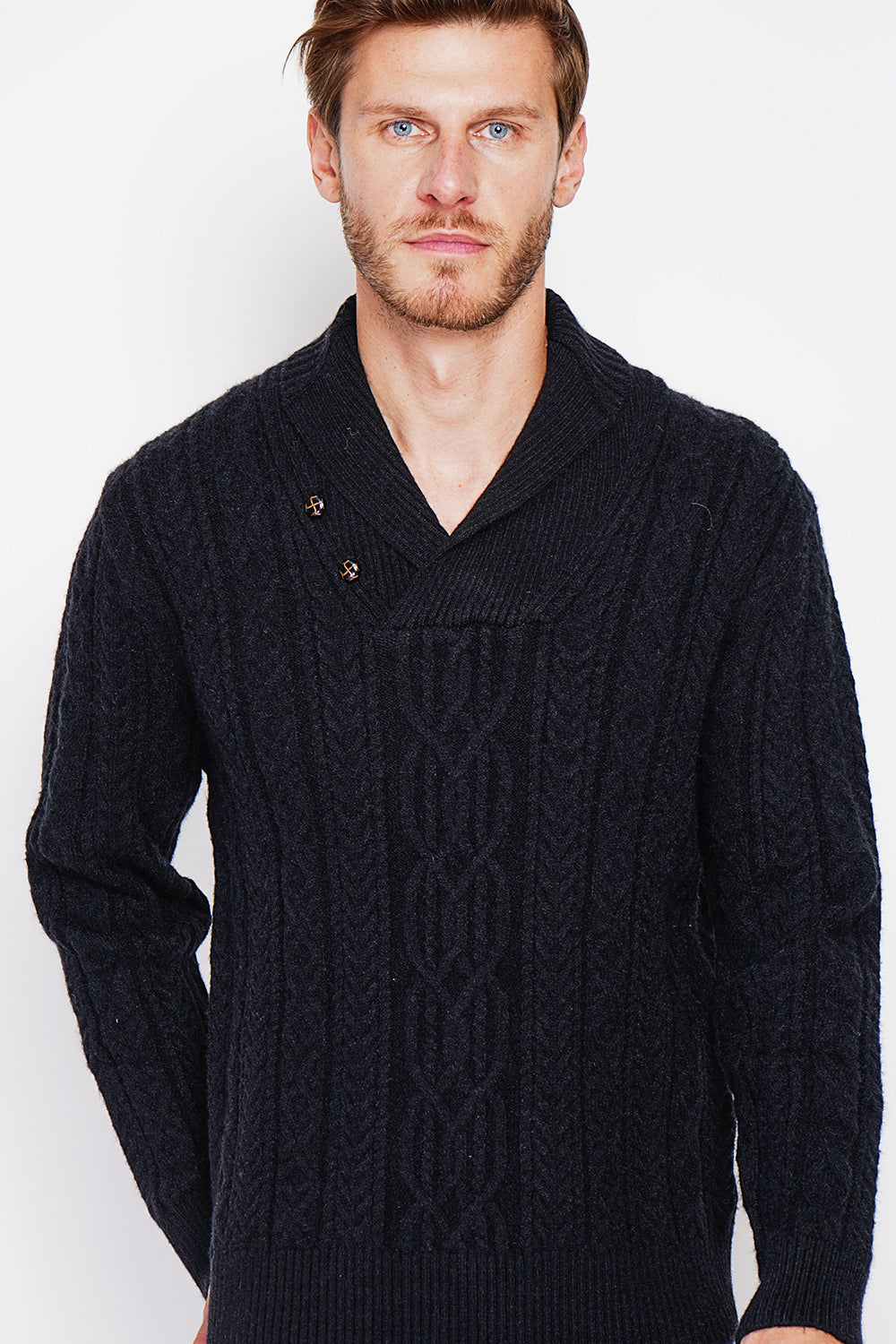 Long-sleeved shawl collar sweater with buttons and fancy knitting