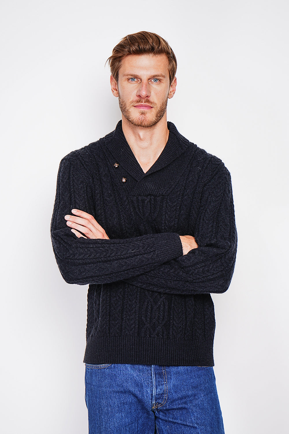 Long-sleeved shawl collar sweater with buttons and fancy knitting