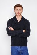 Long-sleeved shawl collar sweater with buttons and fancy knitting – Black – C&Jo
