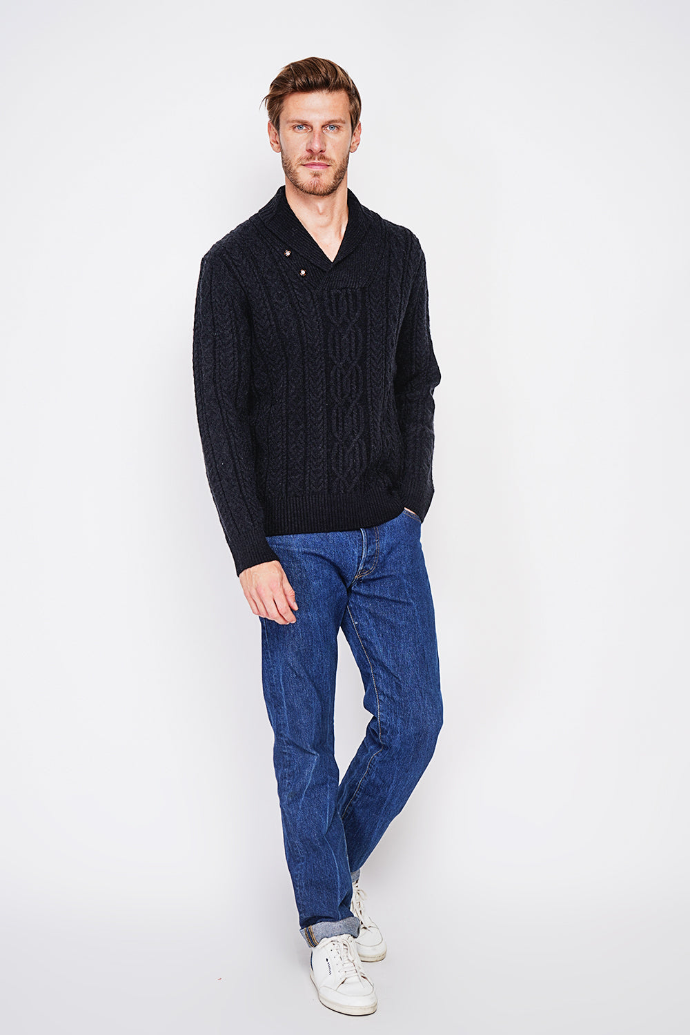 Long-sleeved shawl collar sweater with buttons and fancy knitting