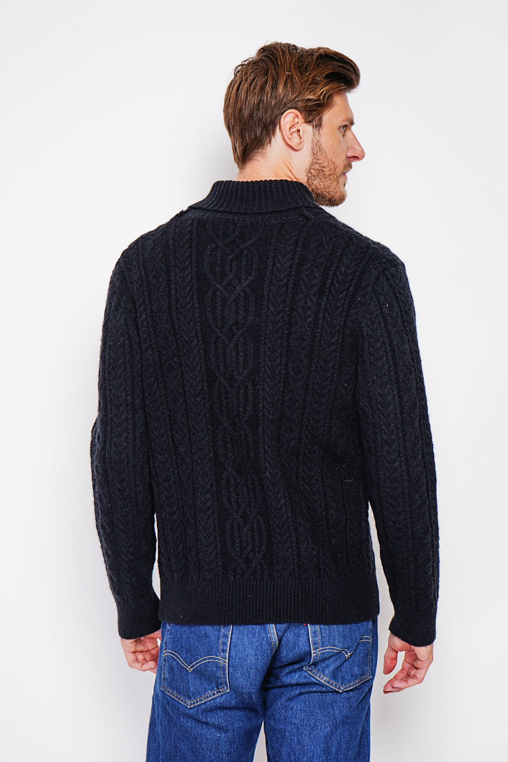 Long-sleeved shawl collar sweater with buttons and fancy knitting