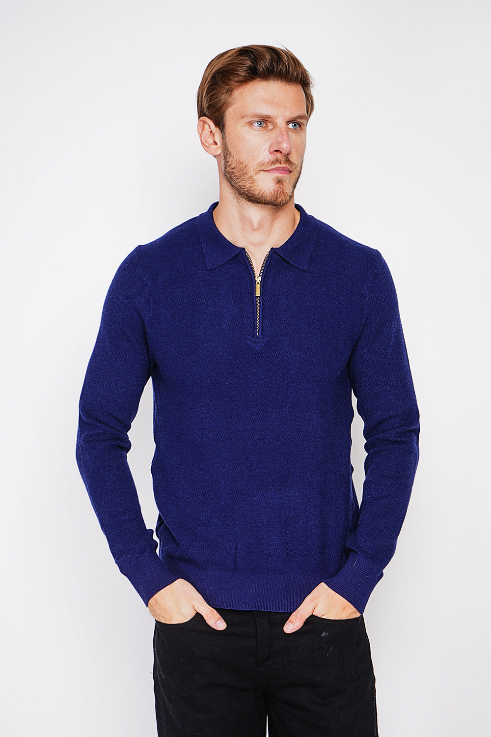 Pull col polo demi-zippé 6 fils – Bleu nuit – C&Jo