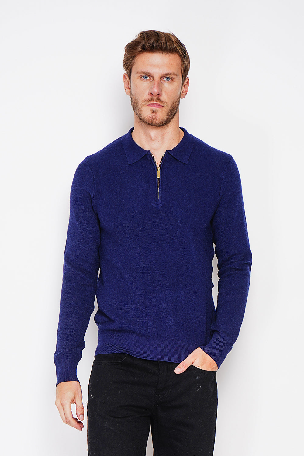 Pull col polo demi-zippé 6 fils – Bleu nuit – C&Jo